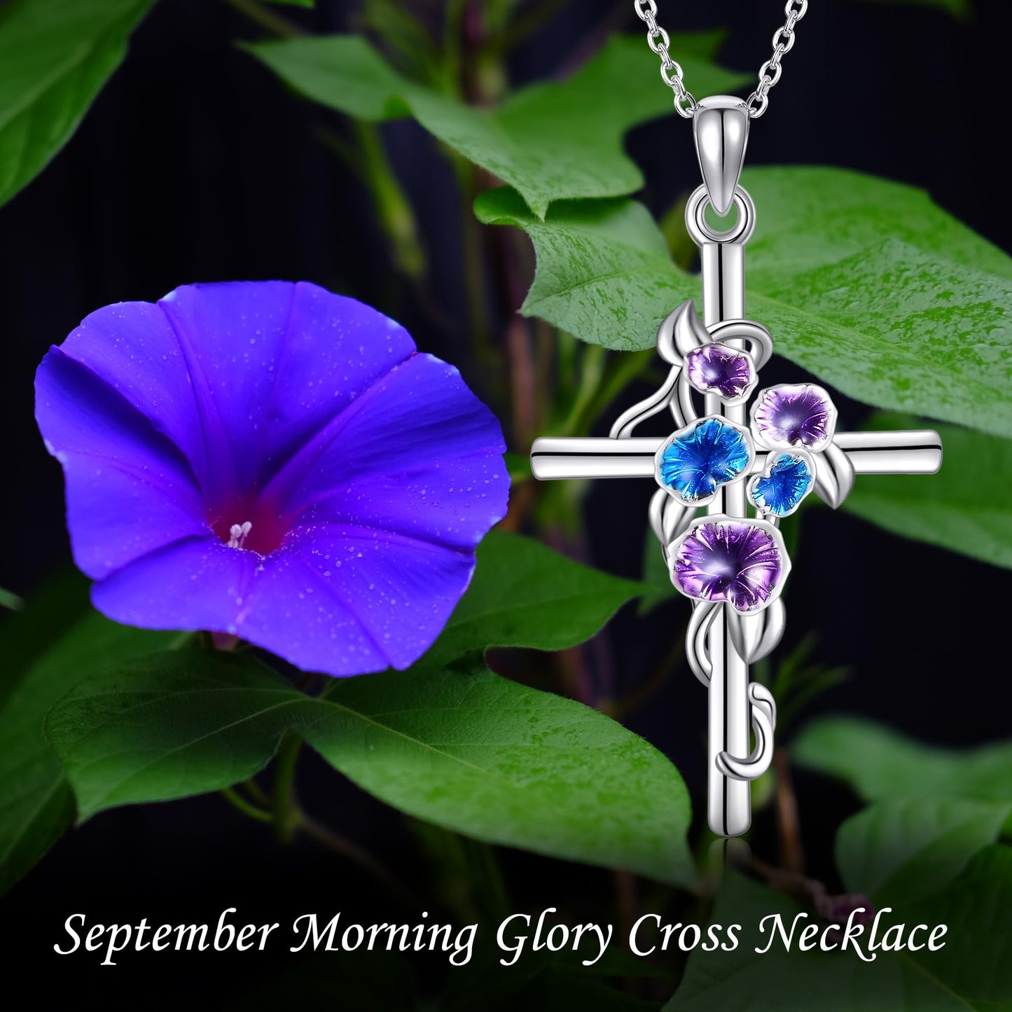 Morning Glory Cross Necklace for Women 925 Sterling Silver Morning Glory Pendant Necklace September Birth Flower Jewelry Gifts