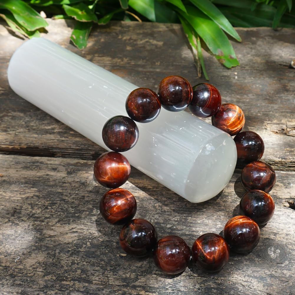 TaHLga 18MM Red Tigers Eye Bracelet for Men Women| Natural Crystal Beads for 10 inch XXXLarge Wrist | With Velvet Bag, Gift Box, Repair Kit | Root Chakra Stone Energy Shield