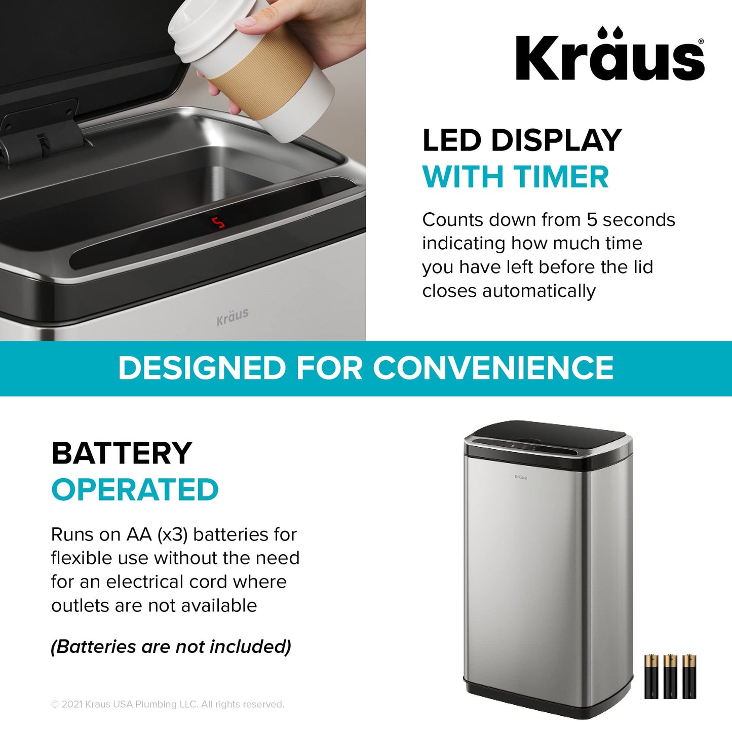 Kraus GarbagePro Rectangular 13 Gallon Hands-Free Motion Sensor Trash Can Battery Operated in Matte Black Finish with SoftShut Touchless Lid, KTCS-10MB