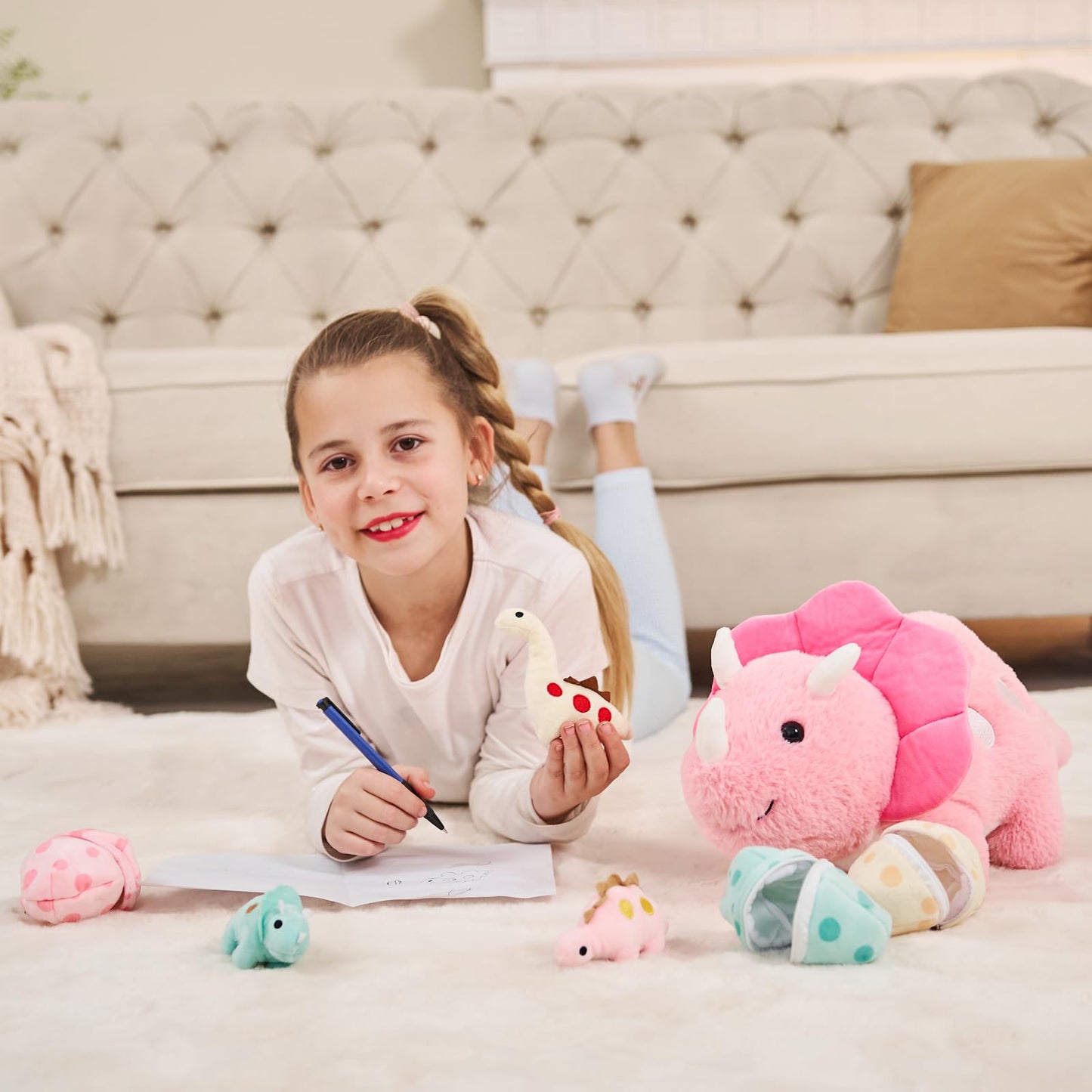 Karister 17.6in Pink Dinosaur Toys for Girls, Mommy Dinosaur Stuffed Animal with 3 Baby Dino Plush(Triceratops, Stegosaurus and Diplodocus),Small Dino Plushies for Girls and Boys,Gifts for Kids