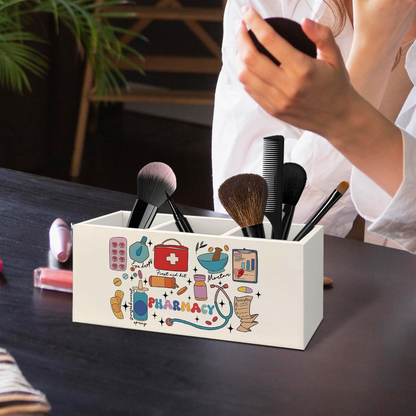 KBRCT Pharmacy Nurse Gifts Pen Holder for Desk, Pharmacy Technician Gifts Wooden Box Sign Desk Decor for Office Home Decoration, Pharmacist Gift Pencil Organizer