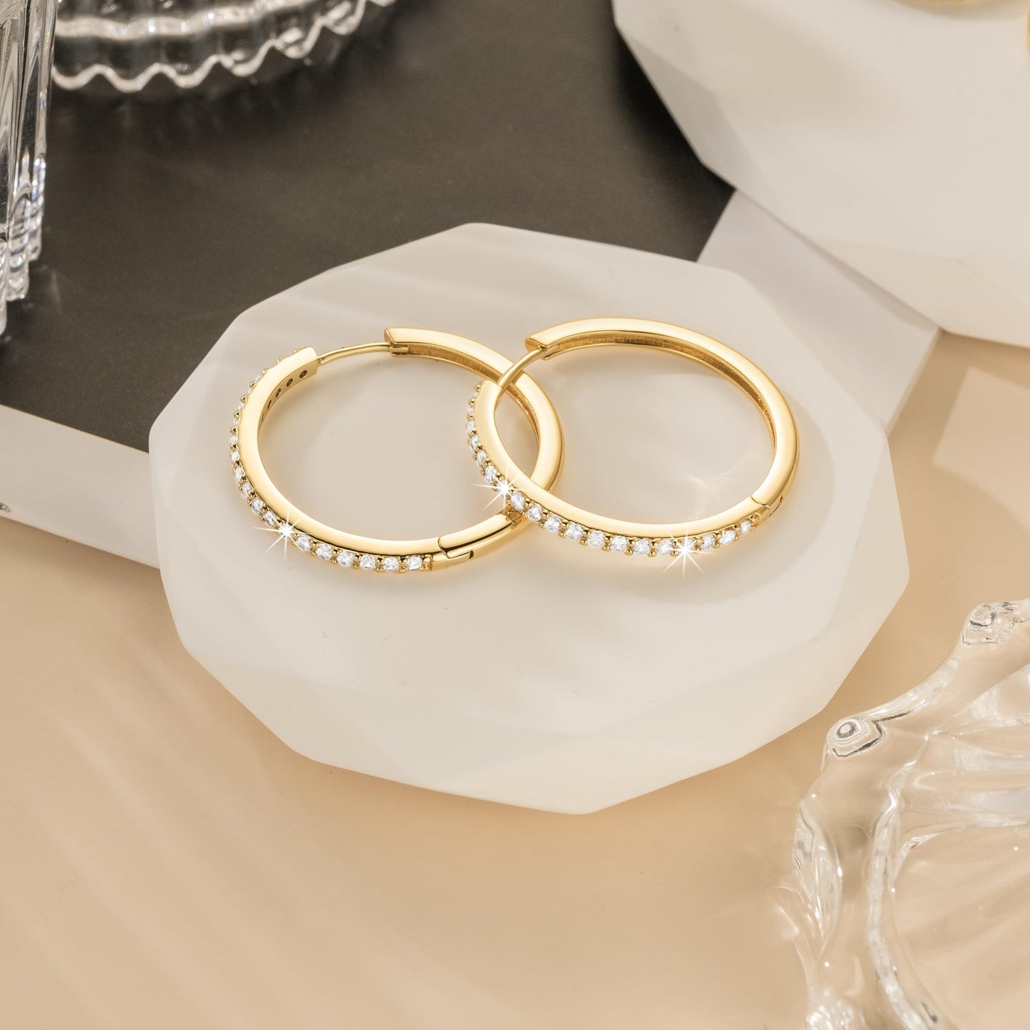 NEARLAND 14K Gold Hoop Earrings for Women 14K Gold Earrings for Women Small Gold Hoop Earring for Womens with Round Cubic Zirconia Lightweight Huggie Hoops Earring for Womens 12/14/16/20/25/30mm