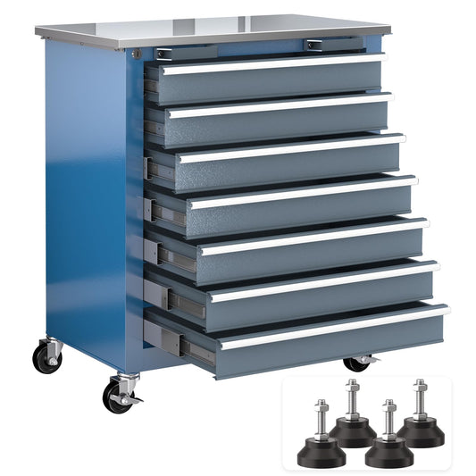 LARBANKE 7-Drawer Rolling Tool Chest with 360°Wheels and Padded Feet,Tool Chest with Stainless Steel Countertop,Tool Cabinet with Secure Locking System,for Home, Garage and Office