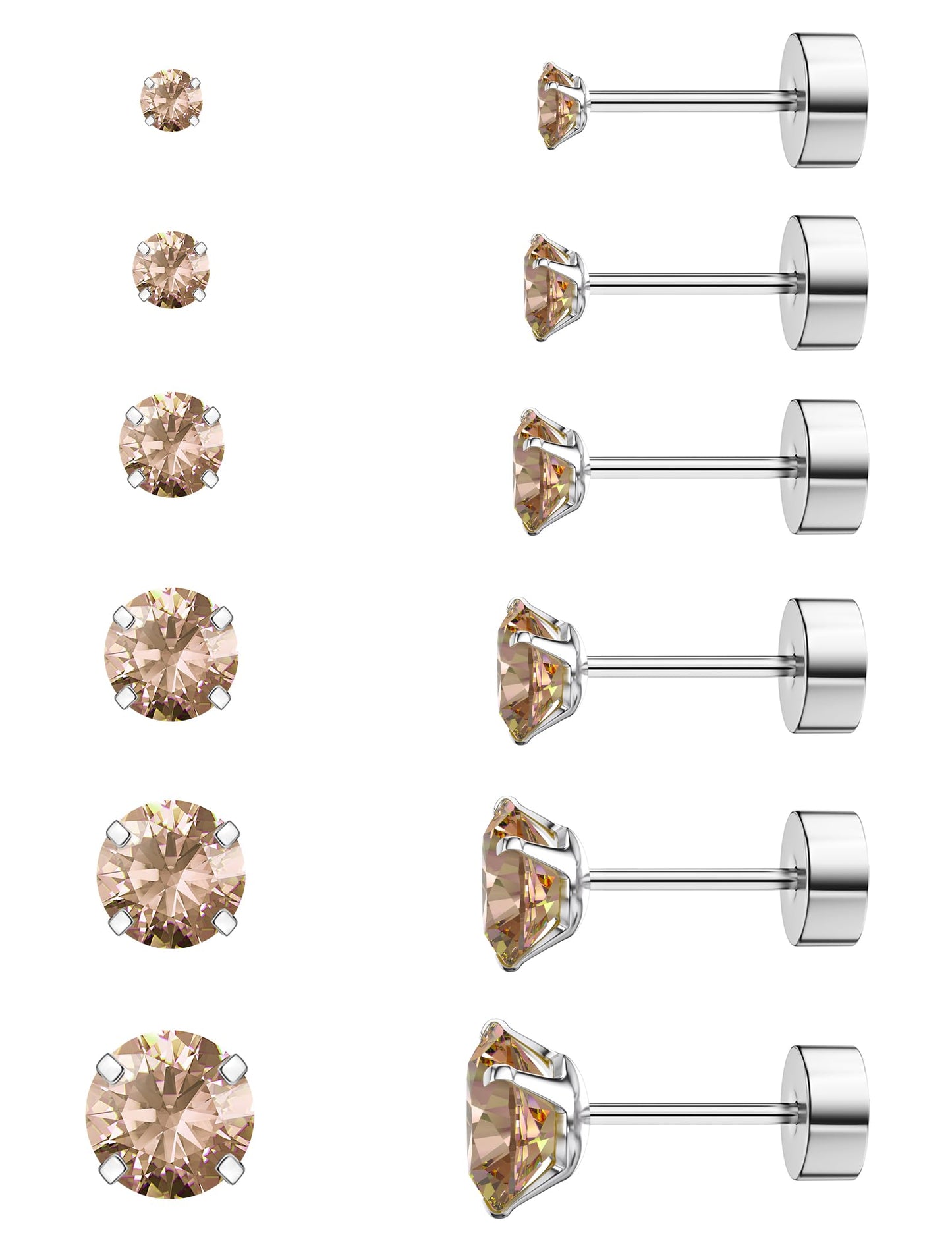 6 Pairs Hypoallergenic Cubic Zirconia Earrings Surgical Steel Flat Back Studs for Cartilage, Screw Back Fashion Jewelry