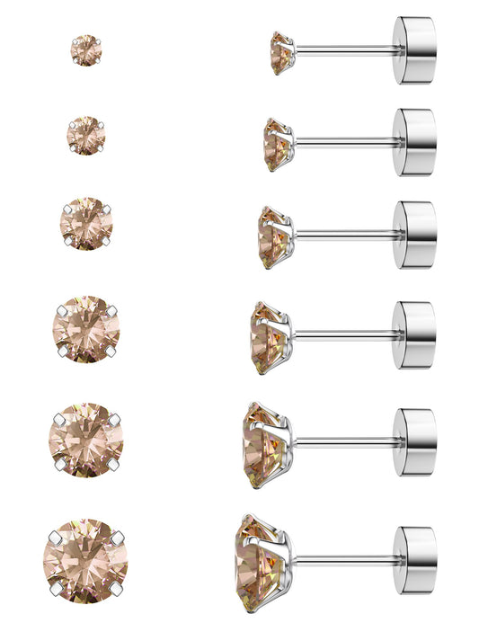 6 Pairs Hypoallergenic Cubic Zirconia Earrings Surgical Steel Flat Back Studs for Cartilage, Screw Back Fashion Jewelry