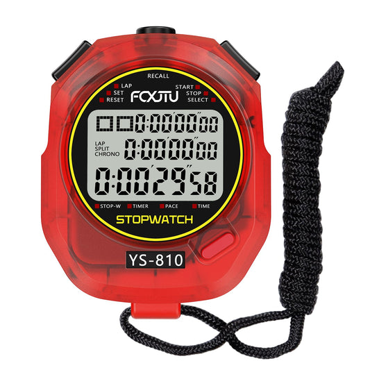 FCXJTU Sports Stopwatch Timer, 10 Lap/Split Memory Digital Stopwatch Countdown Timer with 12/24 Hour Clock Alarm On/Off, Calendar 3-Row Extra Large Screen Lanyard for P.E Coach and Referees (Red)
