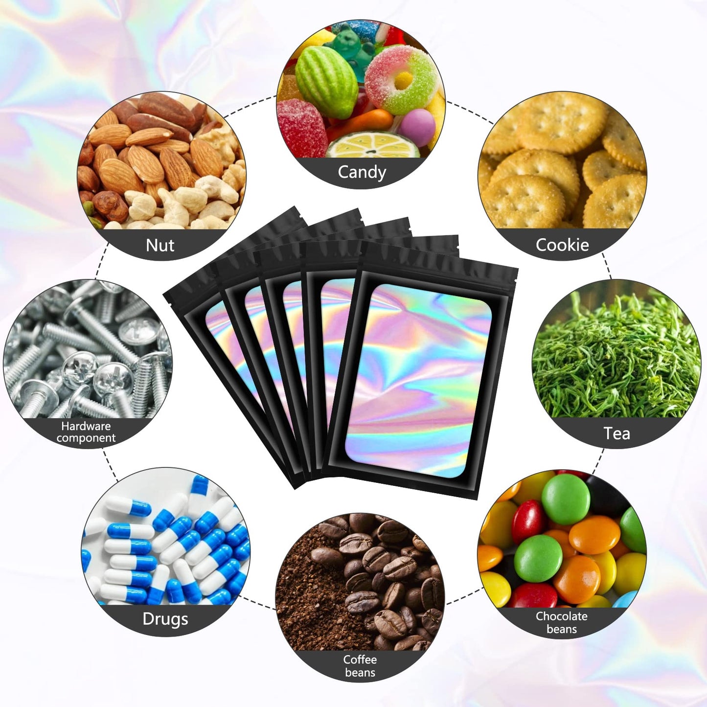 Funfery 100 pcs Black Smell Proof Mylar Holographic Packaging Bags,Clear Resealable Odor Proof Bag Foil Pouch Zipper Bag for Food Storage,Snack,Gloss,Jewelry,Lash,Card Packing for Small Busines(4x6In)