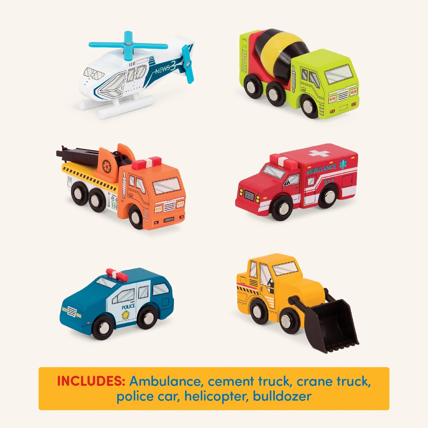Battat – Wood Cars for Kids – 6 Pieces Toy Vehicle Set – Mini Rescue & Construction Vehicles – Toddler Truck Toys – 3+ Years– Wooden Vehicles Set 1