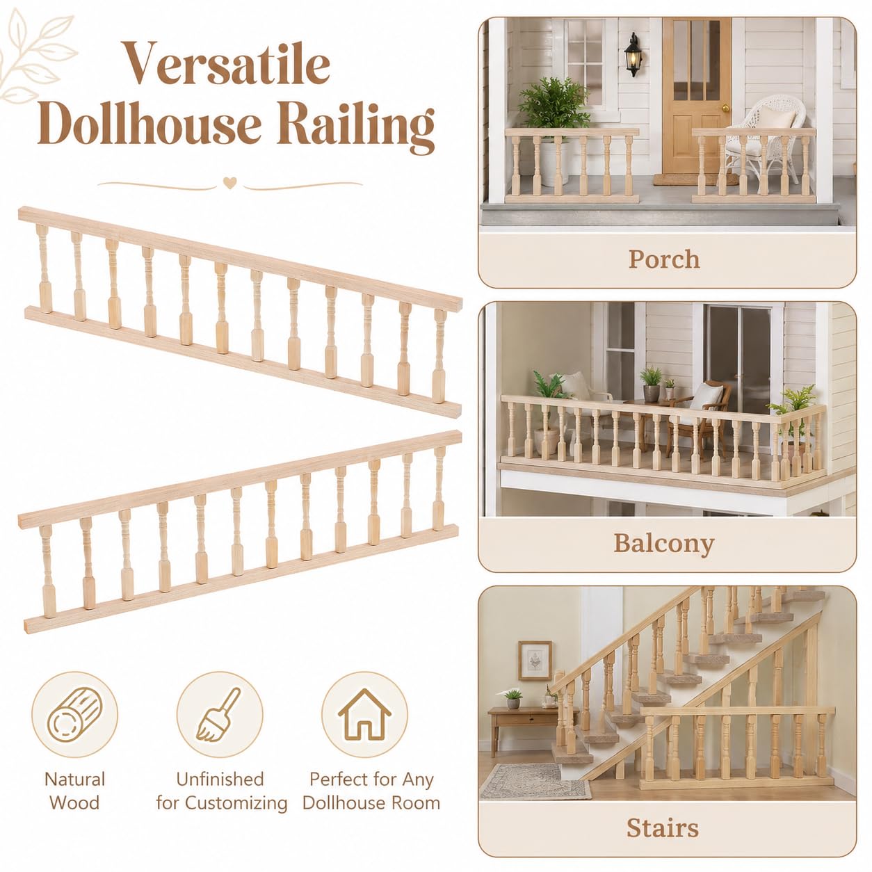 Garneck 2PCS Dollhouse Railing Kit: 1:12 Scale Unfinished Wooden Handrail Miniature Porch Railing for Balcony Tiny Stair Fence Accessories DIY Fairy Doll House Furniture Decoration