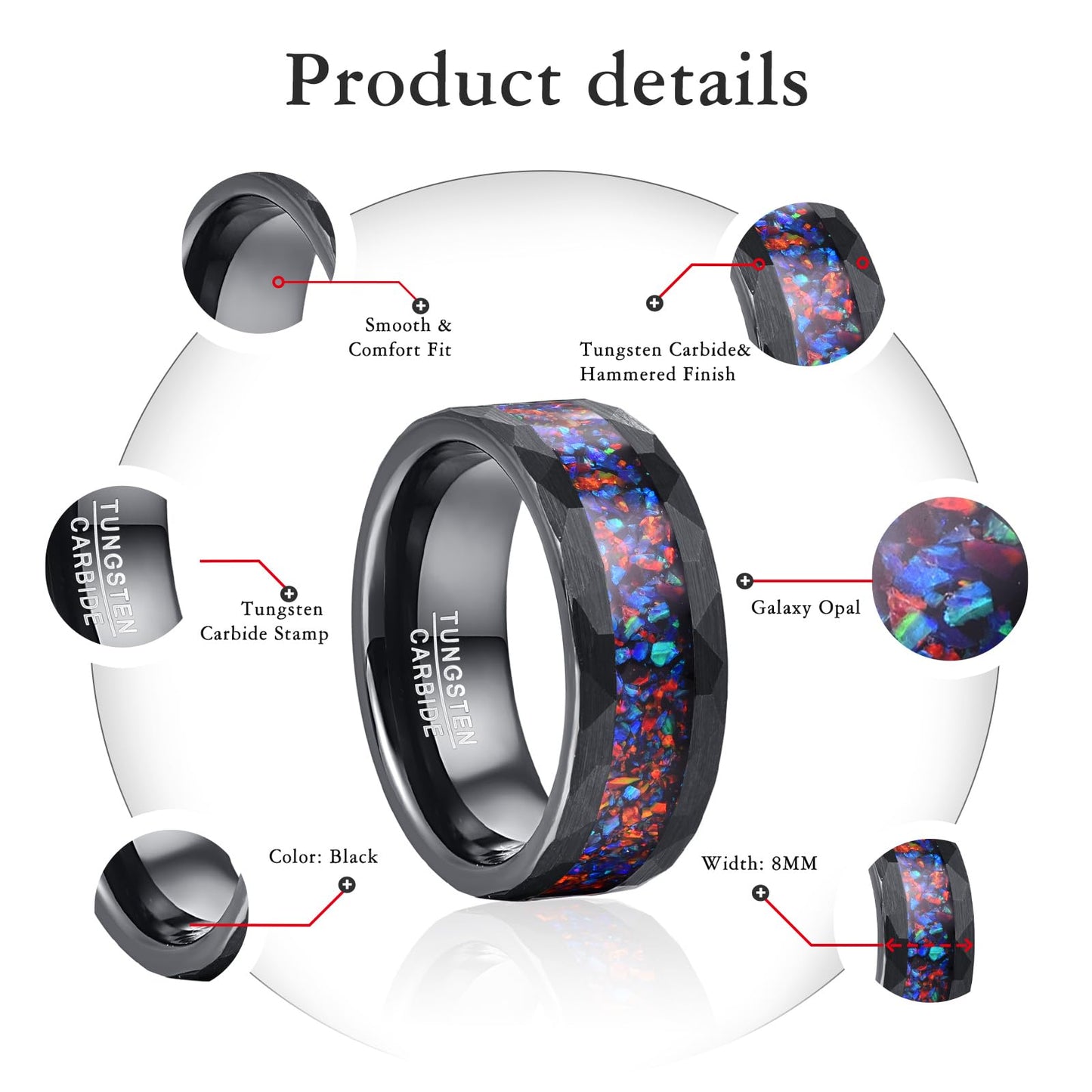 NUNCAD 8mm Promise Ring for Him Tungsten Galaxy Opal Inlaid Men Wedding Band Black Ring Hammered finish Comfort Fit Sizes 8