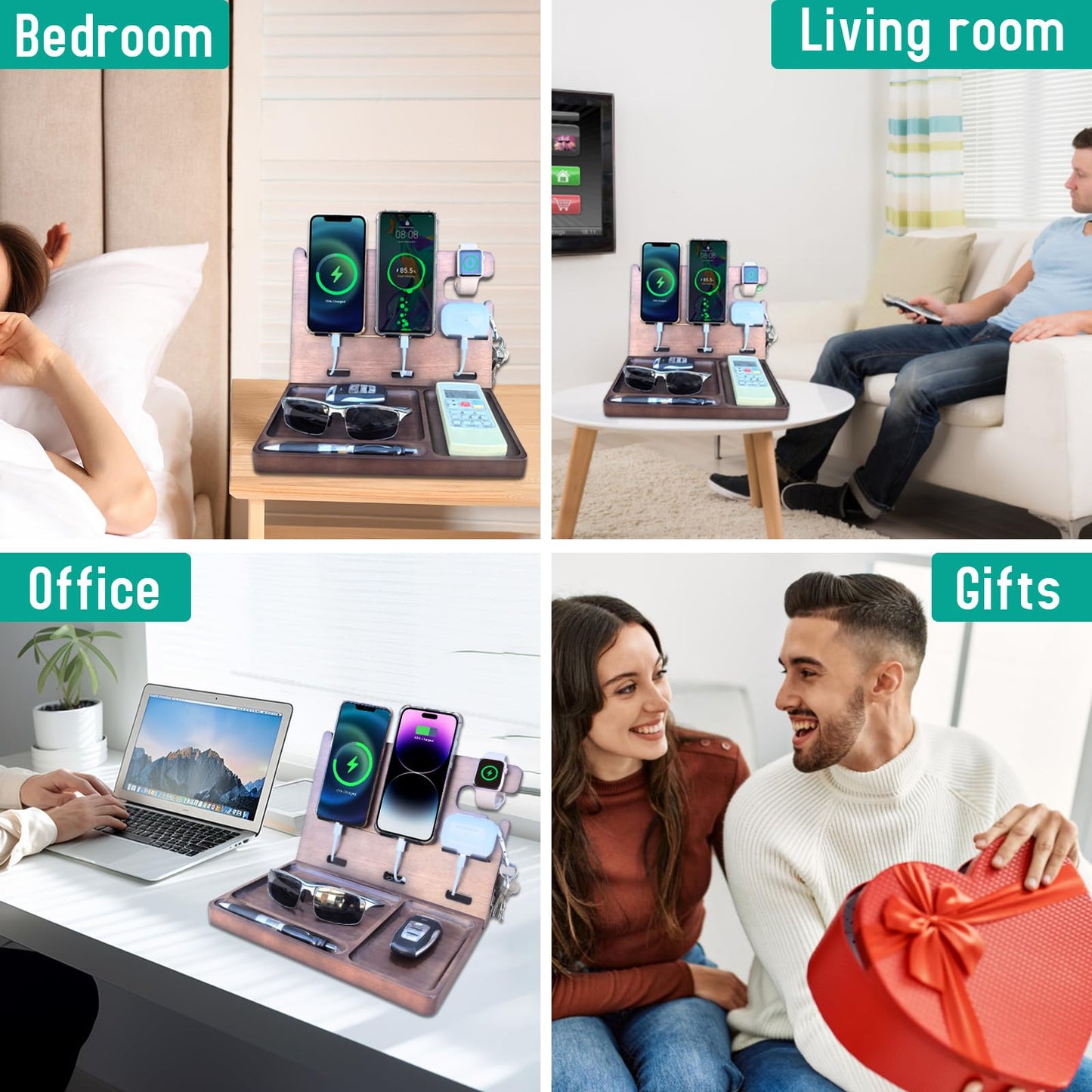 Xunhomon Wood Phone Docking Station Nightstand Organizer Charging Station with QC 3.0 & PD22.5W Fast Charger for iPhone Samsung Android Watch Airpod Anniversary Birthday Gifts for Men