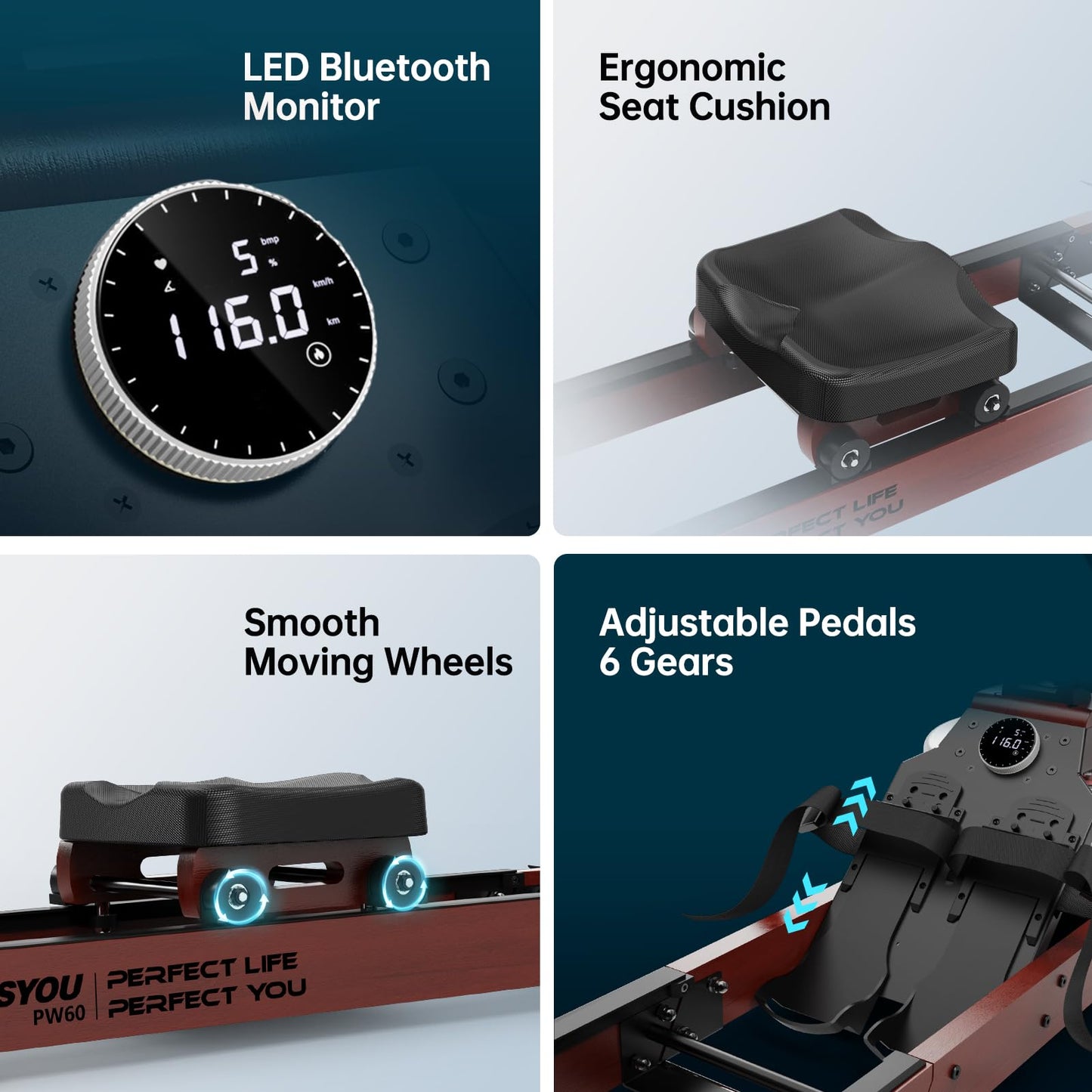 PASYOU Water Rowing Machines for Home Use Wood Rower Machine Foldable 350LB Weight Capacity, 6 Levels Adjustable Row Machines with Monitor & Tablet Holder & 14L Tank, Bluetooth with Kinomap APP PW60B