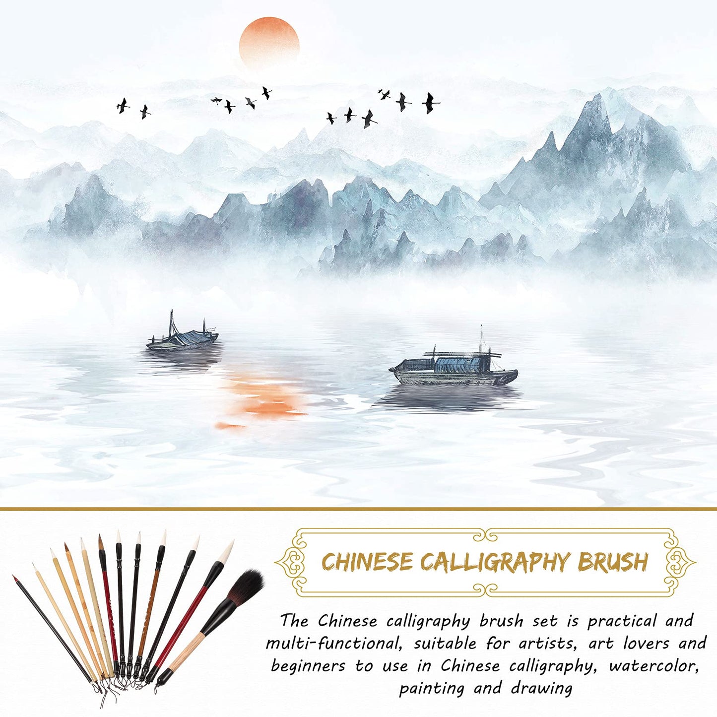 Marspark 12 Pieces Chinese Calligraphy Brushes Painting Writing Watercolor Ink Brushes Set for Kanji Japanese Sumi Drawing with Roll-up Holder