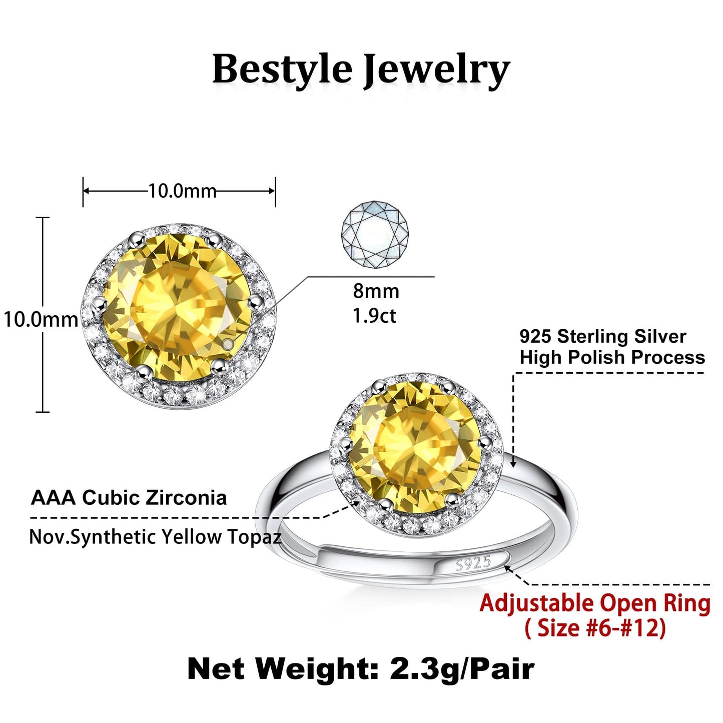 Bestyle S925 Sterling Silver Round Crytsal Rings, Dainty November Critine Crystals Birthstone Rings, Anniversary/Mother’s Day/Birthday Jewelry Gifts for Women Mom/Wife/Sister/Best Friend