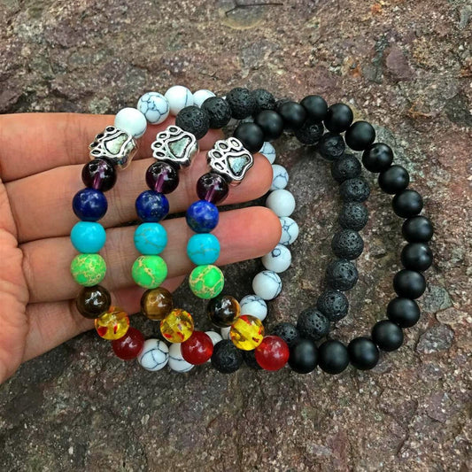 PawsFourLove 7 Chakra Natural Stone Paw Charm Bracelet Lava Rock Mala Beads Elastic Bracelet Yoga Meditation Healing, Dog Puppy Cat Animal Paw Bracelet (Grey)