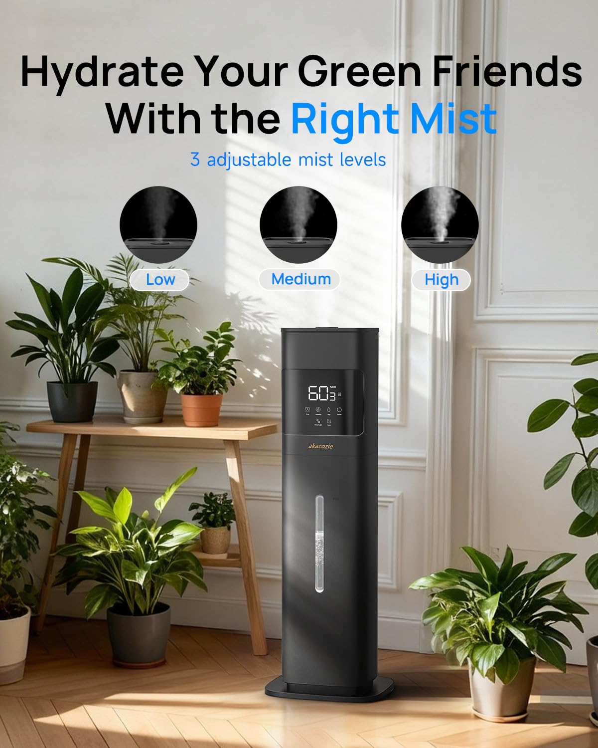 Akacozie Warm & Cool Mist Humidifiers for Bedroom 500 sq ft, 2.1Gal/8L Top-Fill Humidifier Large Room with Essential Oil Diffuser, Large Room Humidifiers for Home Baby Nursery Office Plants, Black