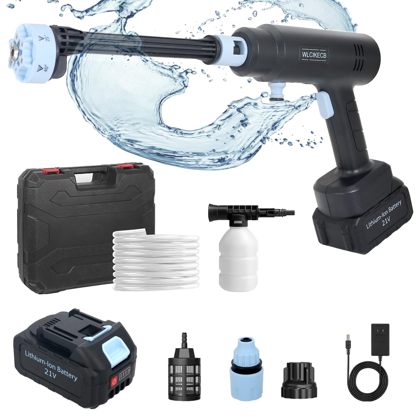 WLCIKECB Cordless Pressure Washer Battery Powered ; 1200 PSI Battery Operated Pressure Washer with 2 1500mAh Battery&10 Meter Hose& 6-in-1 Nozzle; for Watering, Car Washing, Yard Cleaning