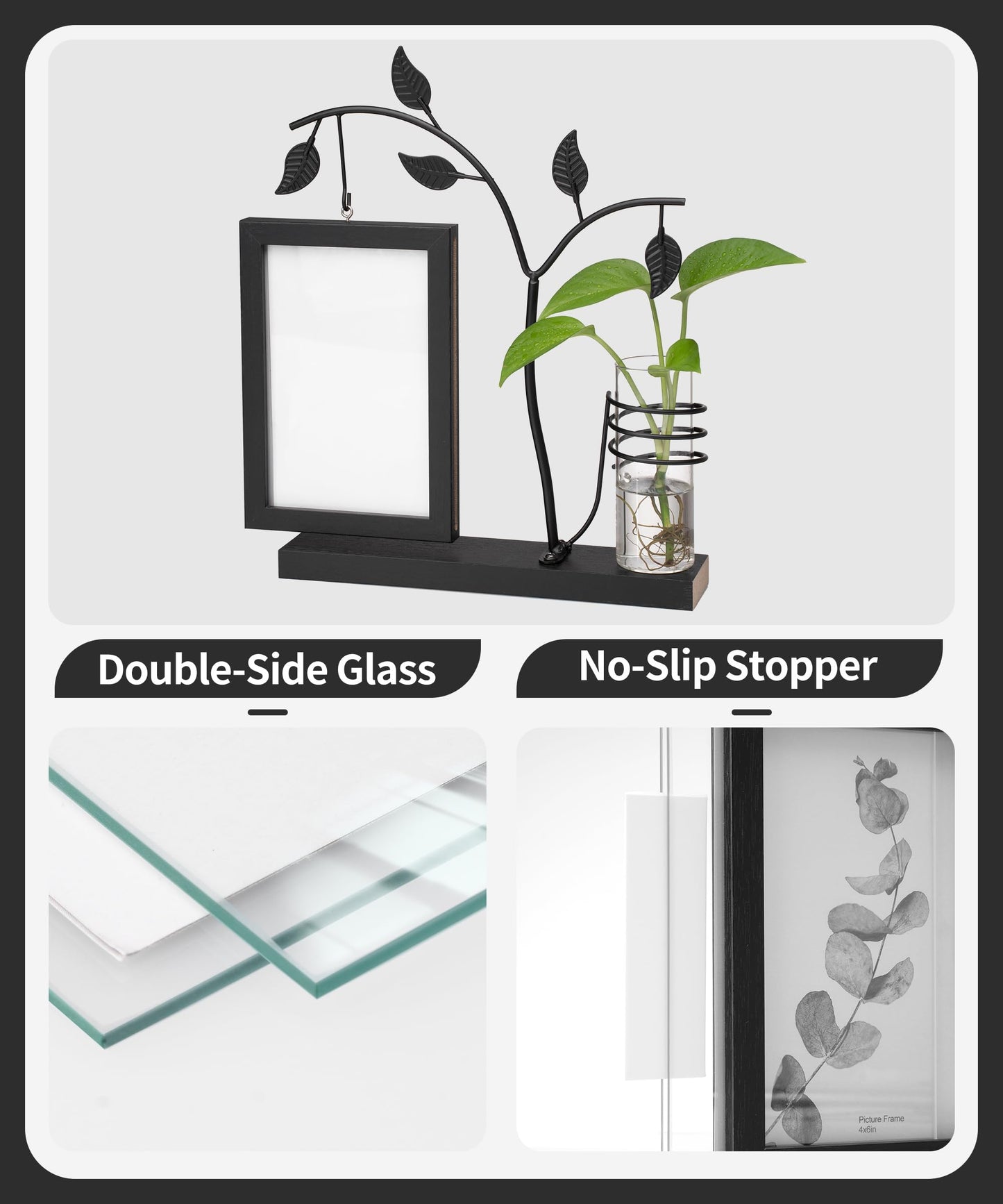 Afuly 4x6 Picture Frame Black with Metal Stand Glass Vase, Double Sided Glass Photo Frames, Wood Picture Frames Desk Modern Home Decor Anniversary wedding Gift for Couple Grandma Mom