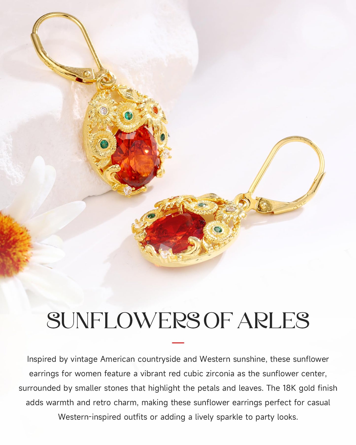 Sunflower Gifts for Women Earrings Jewelry - 18K Gold Plated Sterling Silver Dangle Earrings with Red Cubic Zirconia | Luxury Gifts for Women for Birthday, Christmas & Women's Day
