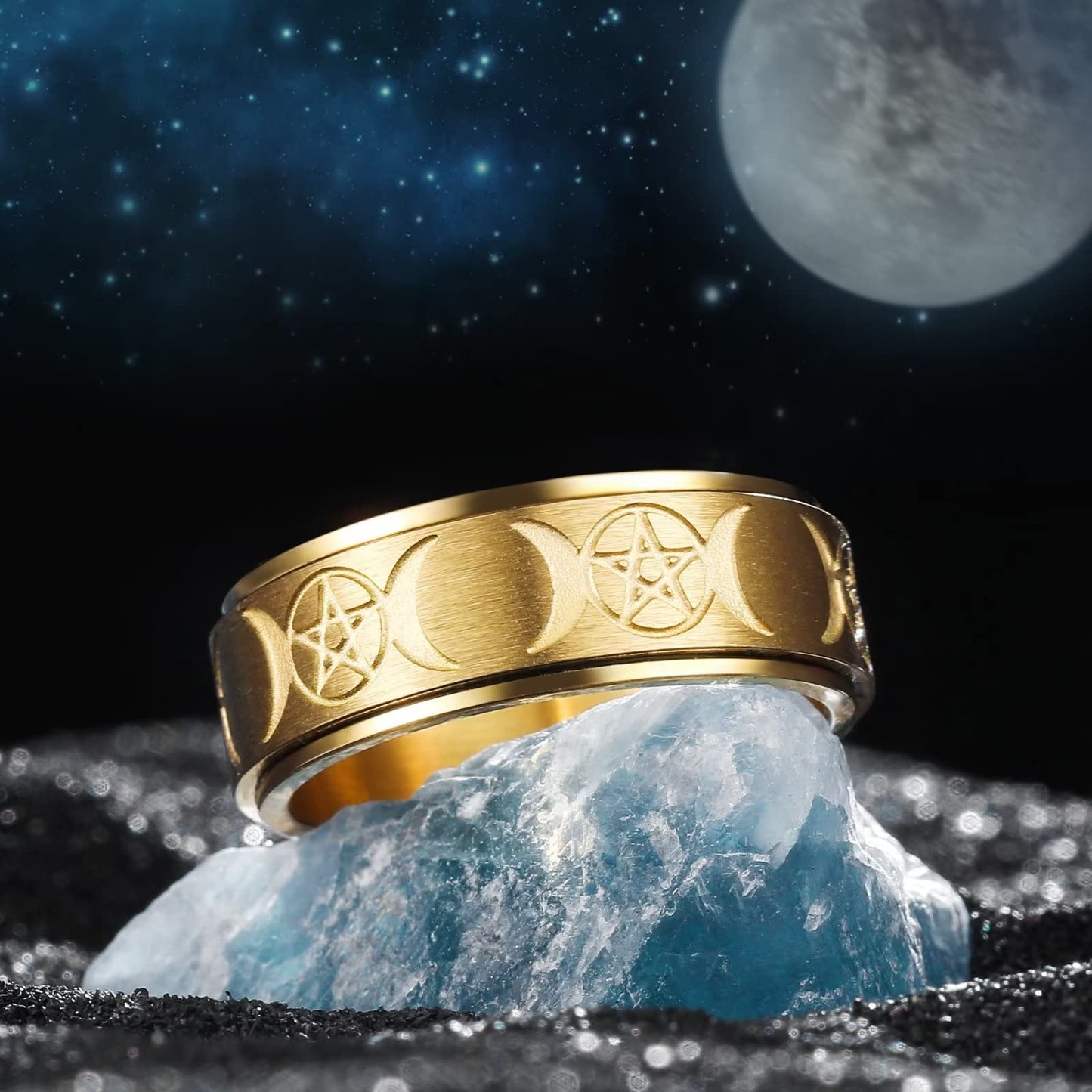 King Will Mens Fidget Ring Golden Yellow 8mm Stainless Steel Ring Spinner Ring For Men Women Stress Anxiety Relief Rotating Ring Finger Teens Toy Triple Moon Comfort Fit For Unisex Adults 8