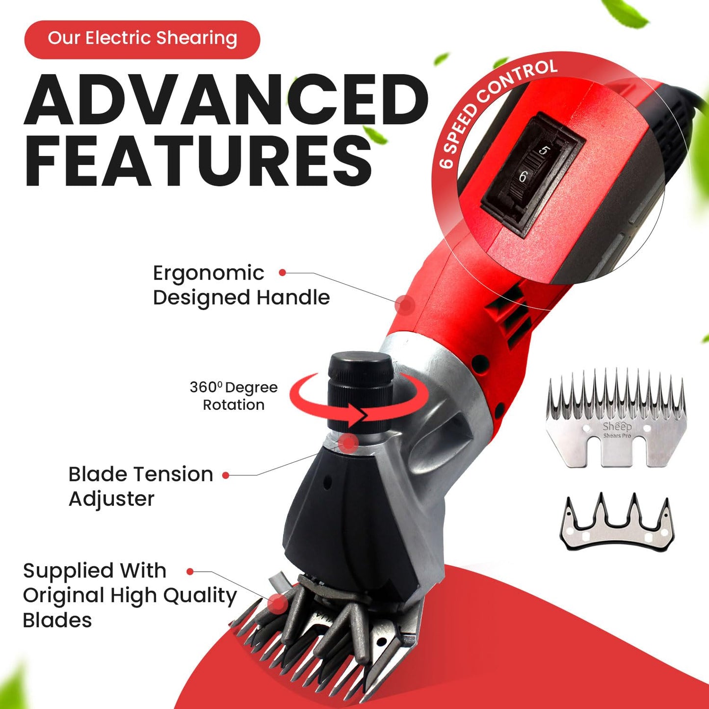 Sheep Shears Pro 110V 500W Professional Heavy Duty Electric Shearing Clippers with 6 Speed, 2 Blades, Shaving Fur Wool in Sheep, Goats, Cattle, Farm Livestock Pet, Grooming Carrying Case, Extra Blade