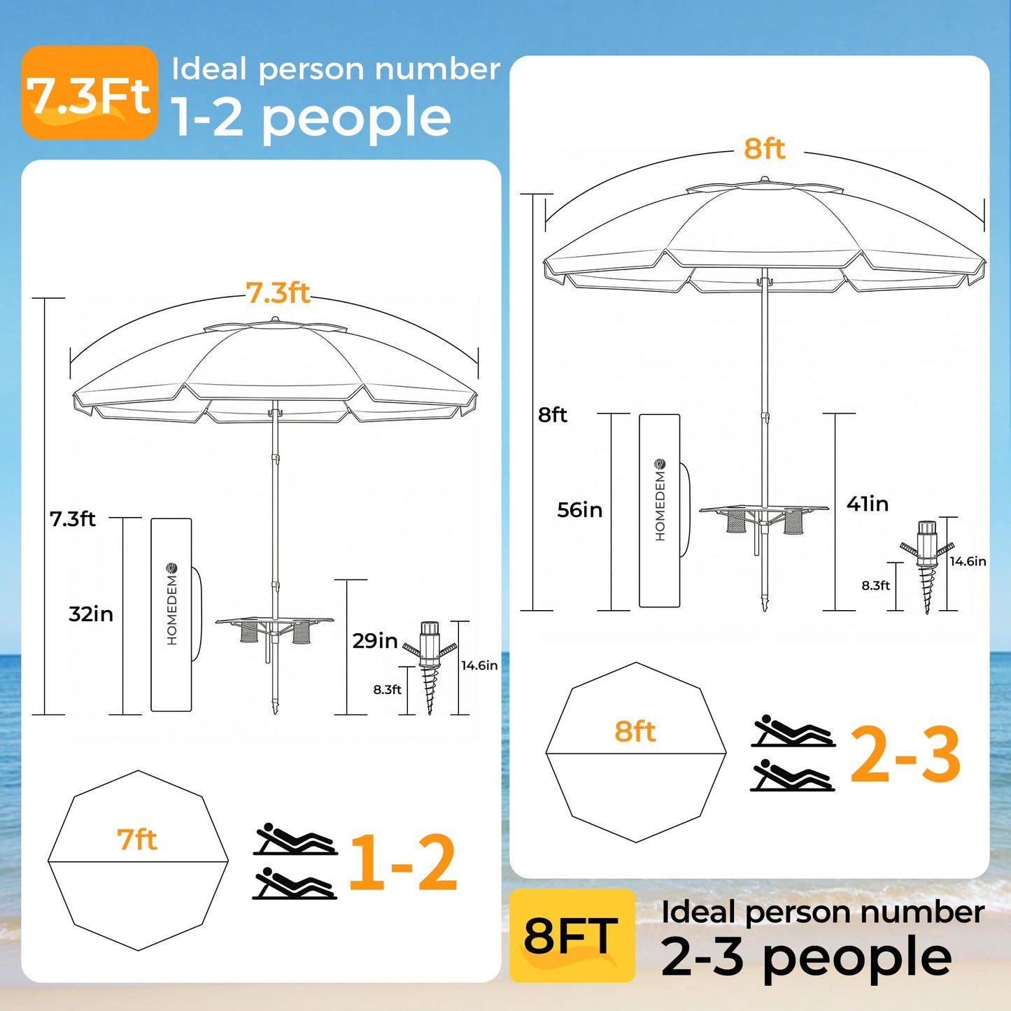 HOMEDEMO 8FT Large Beach Umbrella with Weight Bag & Sand Anchor, Outdoor Umbrellas with Adjustable Aluminum Pole and Built-in Table, Heavy Duty Windproof & UPF 50+ Design, Parasol, Blue Green White