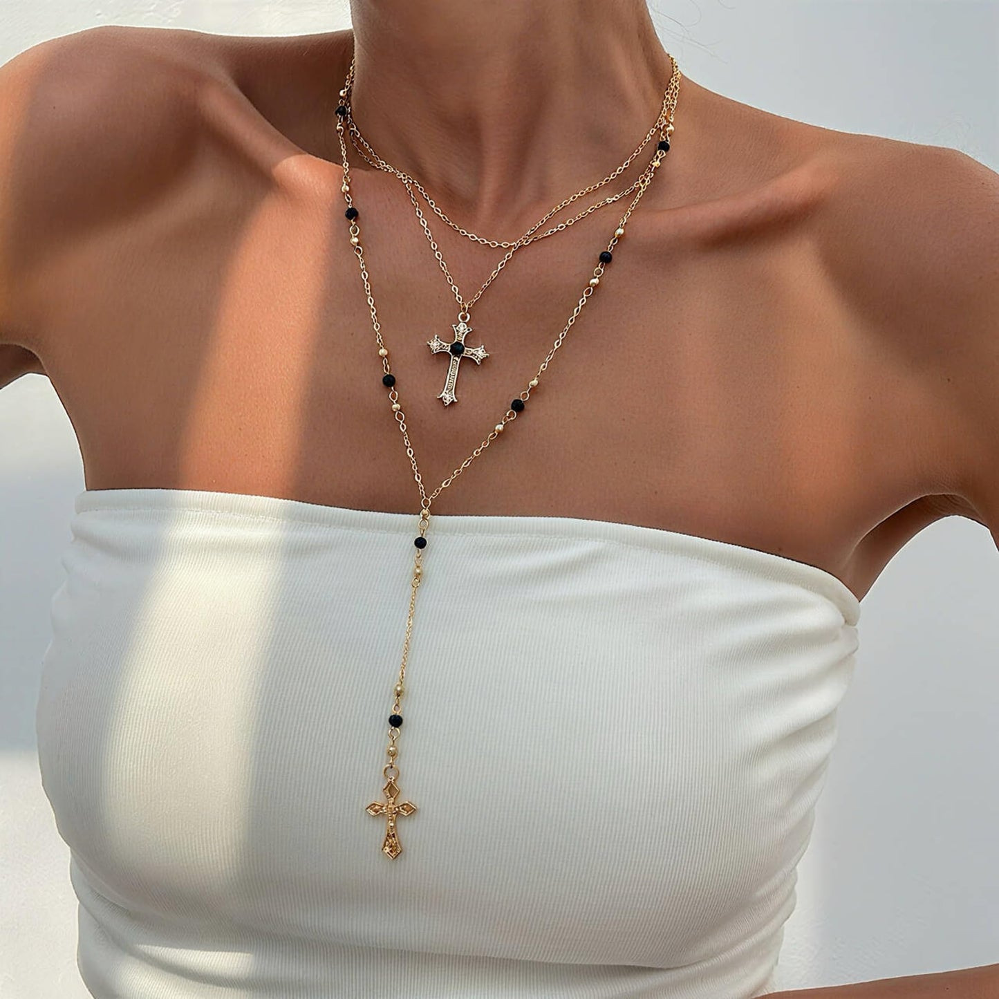 3PCS Layered Gold Cross Necklaces for Women Trendy, Bohemian Bead Pearl Y Long Pendant Necklace Set, Vintage Rosary Necklace Stack Adjustable Length