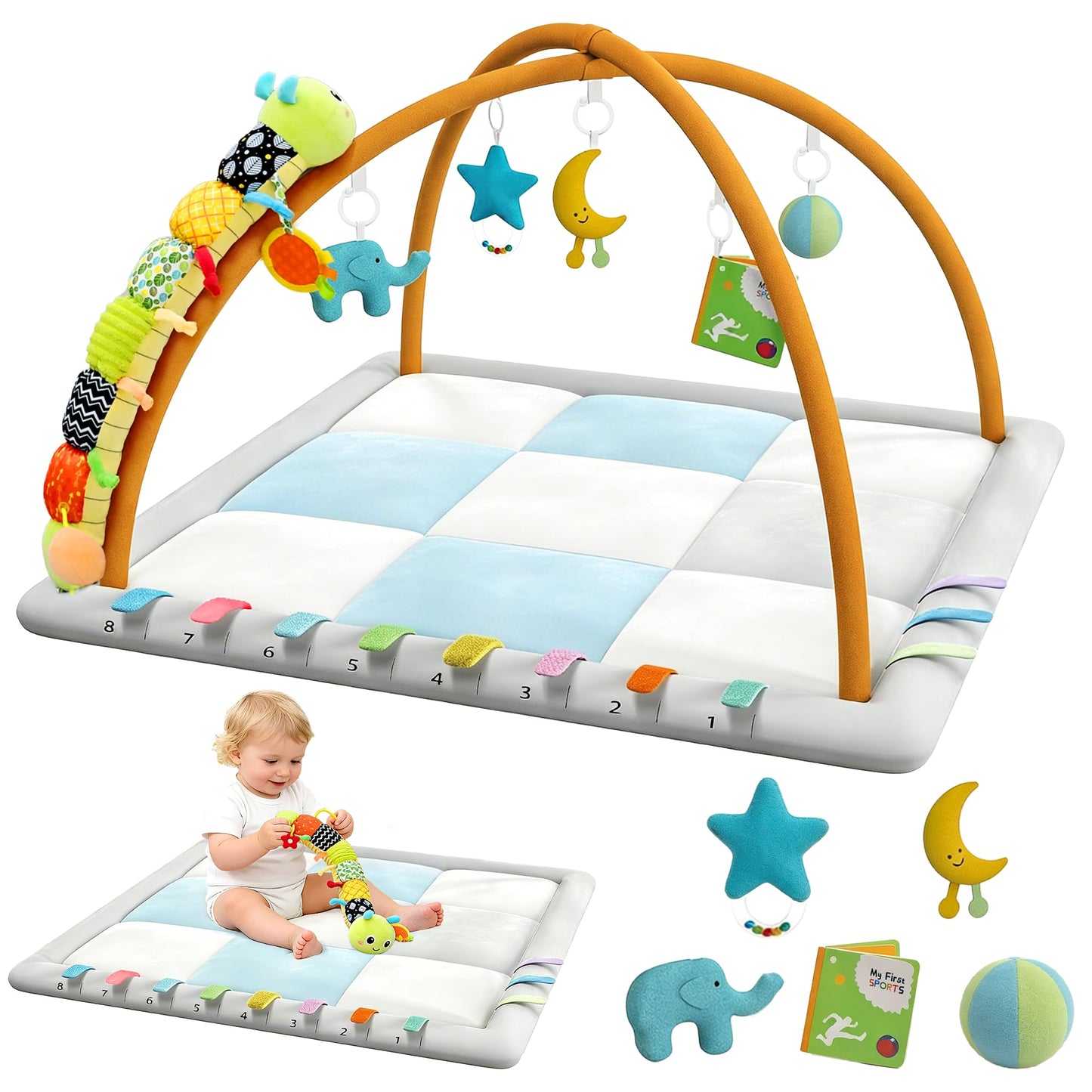 Kidmoze Baby Gym, with 5 Detachable Toys and Baby Sensory Toy Play Gym, Promote Motor Skills & Sensory Development Mat, Newborn Infant Baby Essentials Gift.