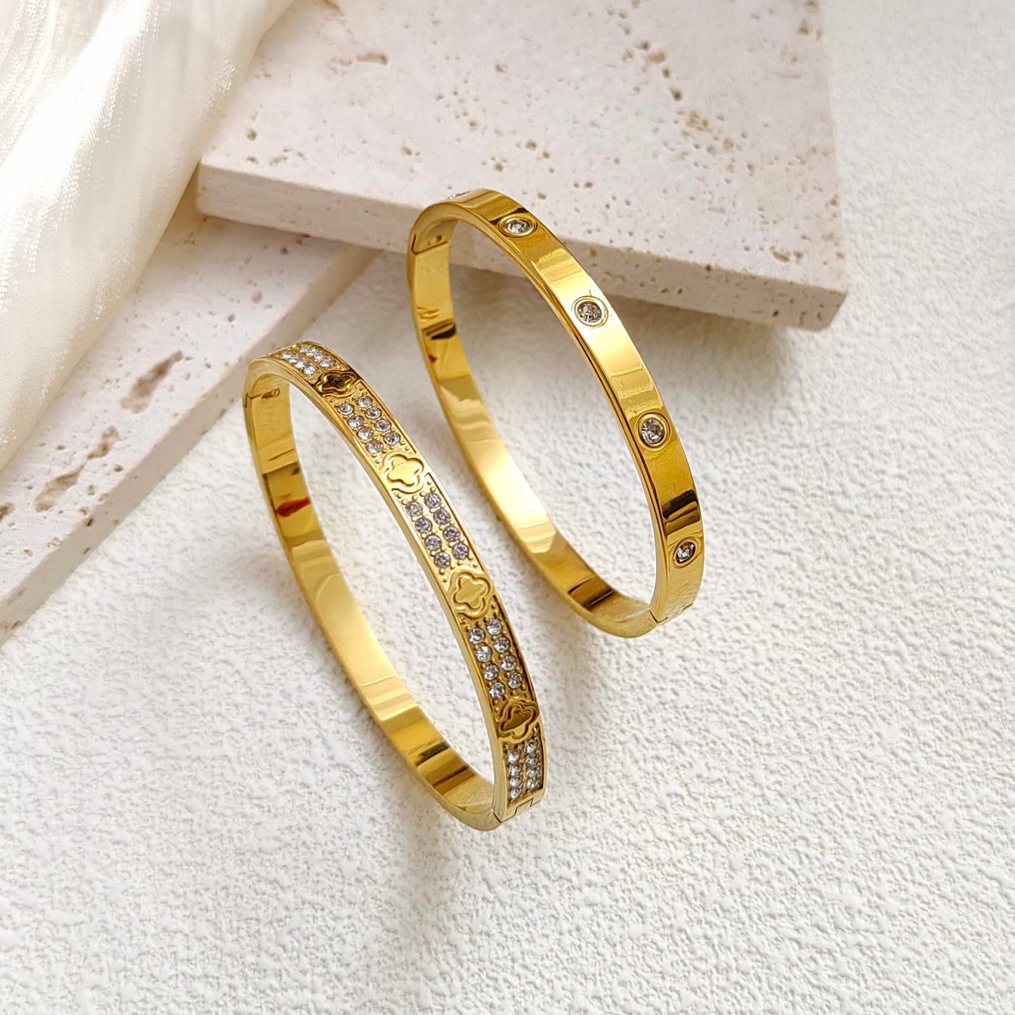 18K Gold Plated Nail Bracelets Set for Women Clovers Bangle Love Bangle Cubic Zirconia Bracelet 3Pcs Stackable Bracelet Set Trendy Gifts for Women