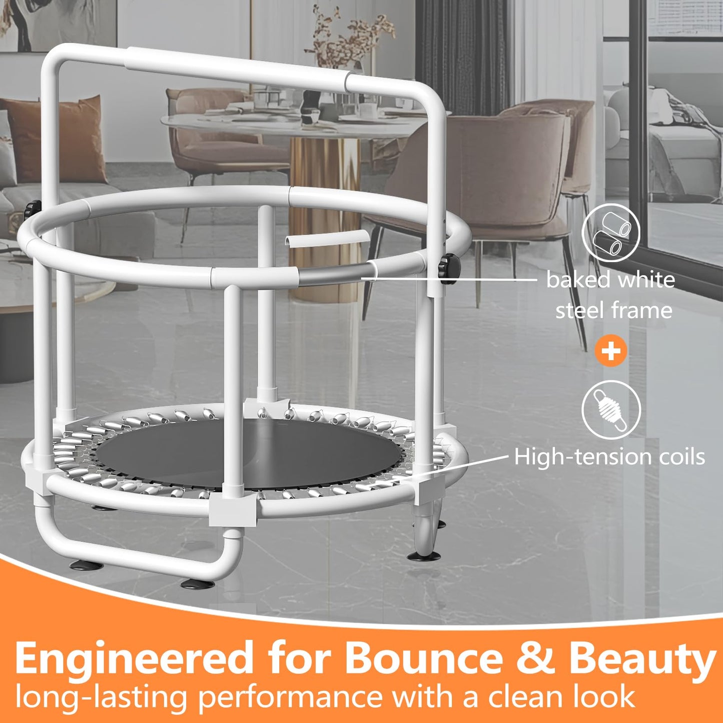 KINETRA 55" Kids Indoor Trampoline with Safety Net, Adjustable Gymnastics Bar & Toys – Indoor/Outdoor Toddler Play Gym for Boys & Girls Ages 3+, Birthday Gifts (White (Powder-Coated))