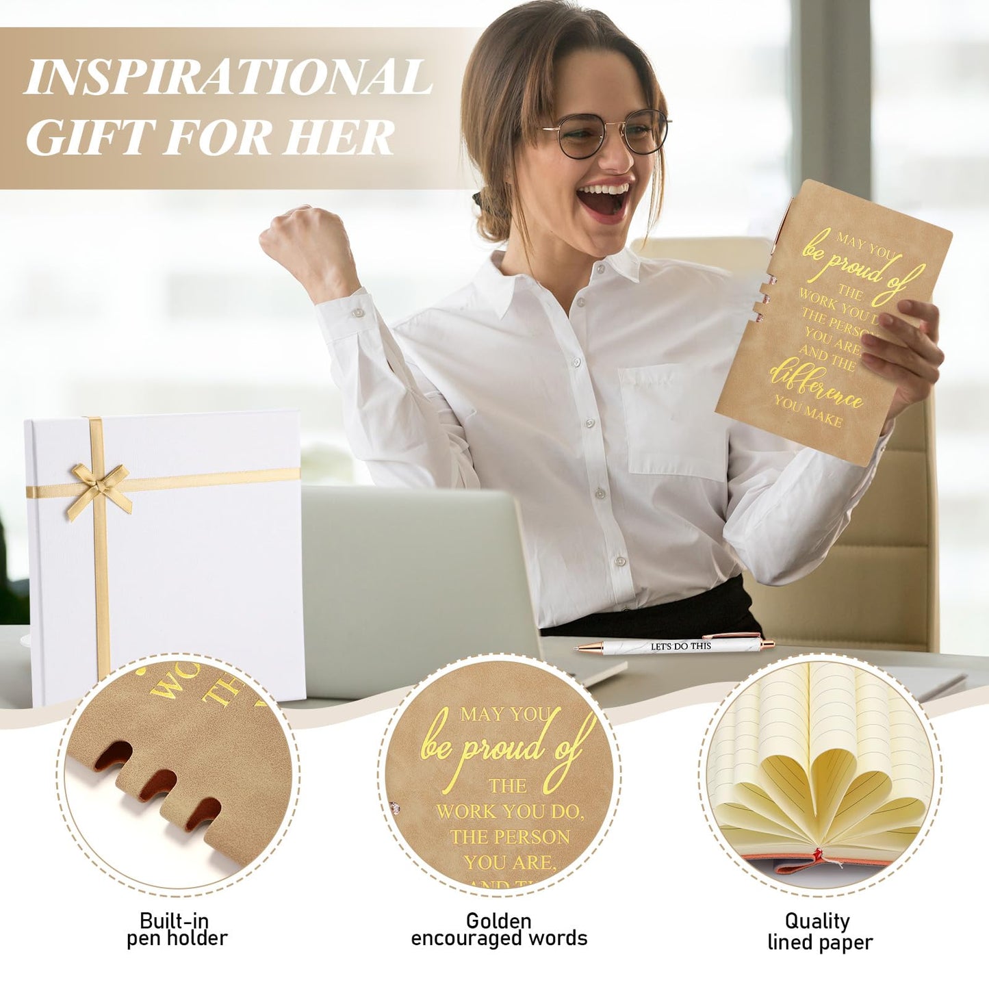 Resurhang 5 Pcs Employee Appreciation Gift Leather Journal Notebook 3 Ballpoint Pens with Box Graduation Thank You Gift for Nurse Volunteer Teacher Secretary Assistant Coworker Women(Khaki)