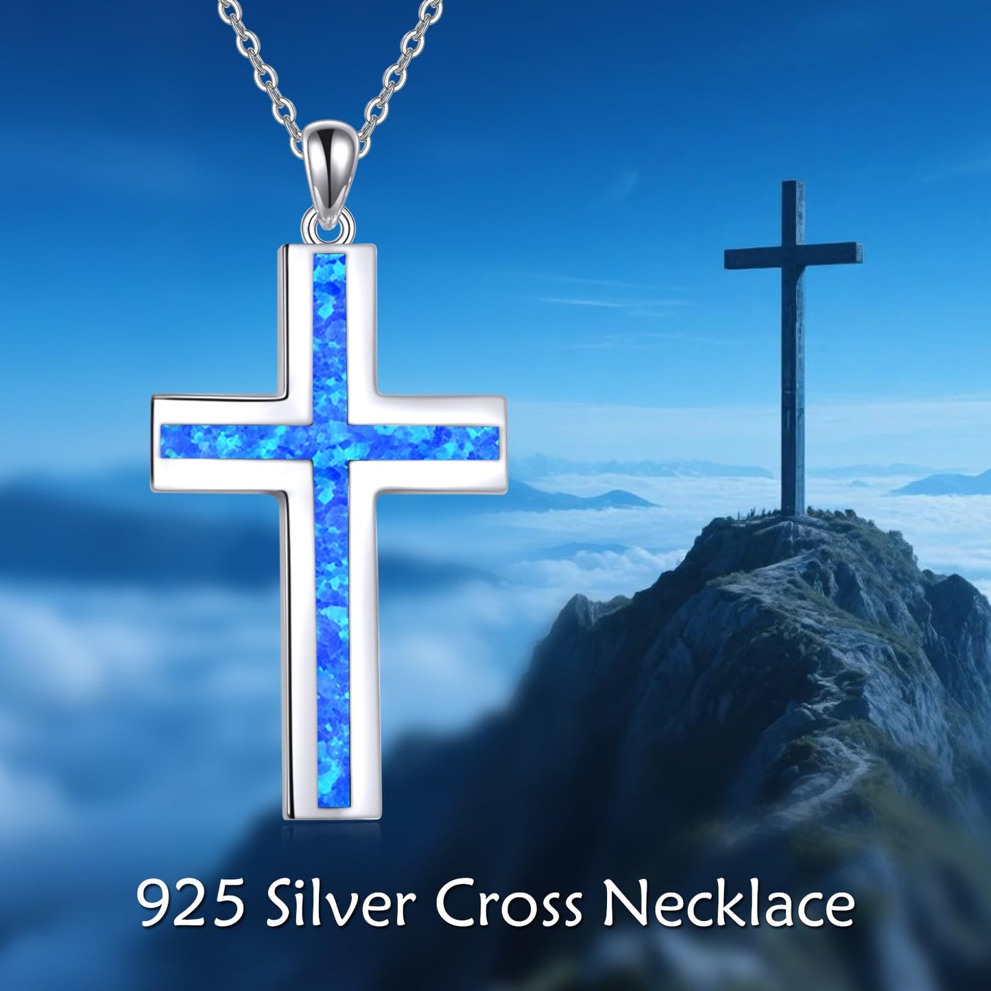 YFN Blue Opal Cross Necklace Sterling Silver Cross Pendant Religious Jewelry Gifts for Women Men