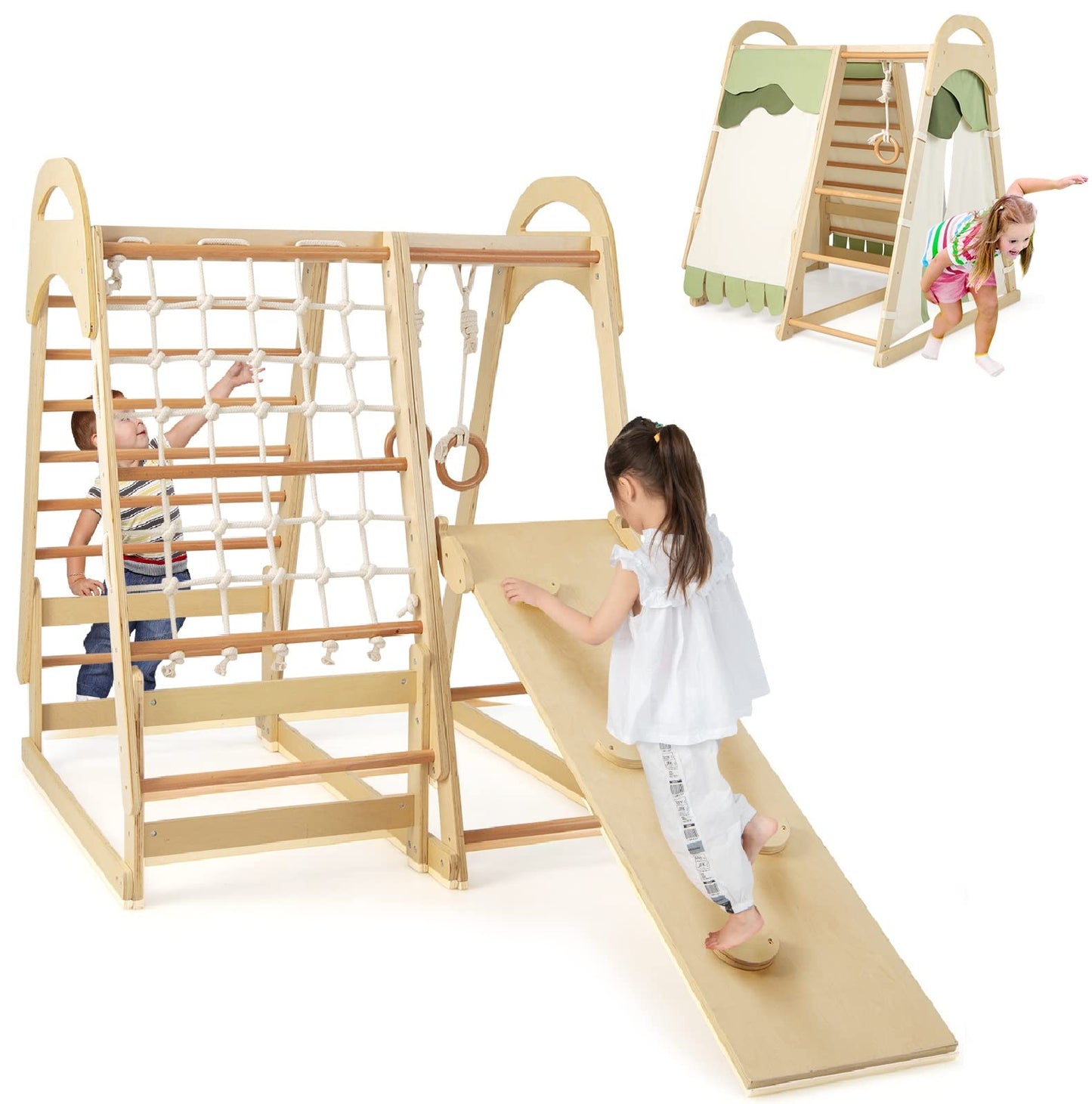 INFANS 7 in 1 Kids Indoor Playground, Wooden Montessori Climber Playset with Tent Slide Climbing Rock Climbing Net, Playground Jungle Gym Structure Climbing Toys for Toddlers Boys Girls