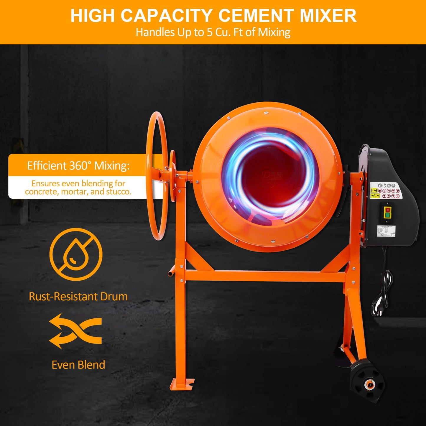WORVISTA 5.0 Cu. Ft Electric Cement Mixer, 650W 4/5 HP Portable Concrete Mixer with Wheels and Stand, Heavy Concrete Mud Mixer Tools, Adjustable Tilt for Mortar Stucco Seeds and Fodder, Orange