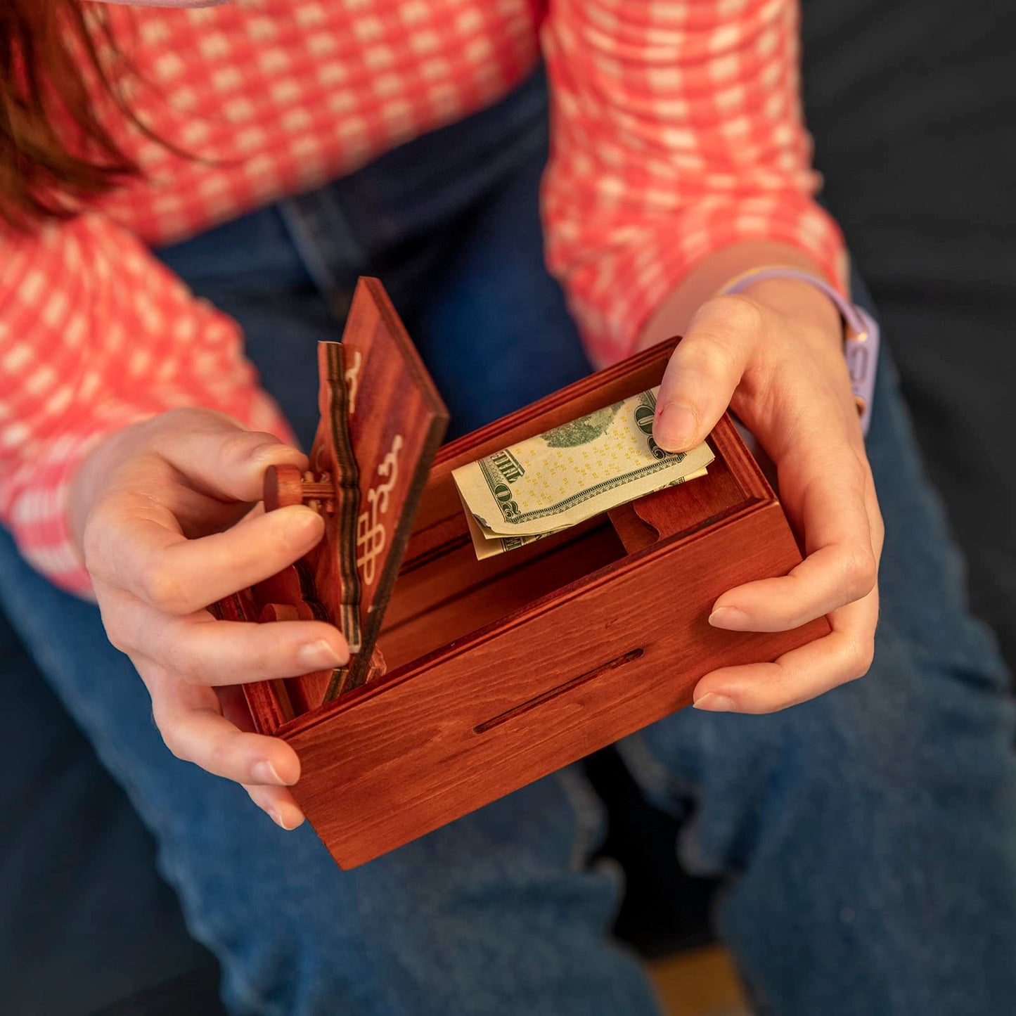 Bits and Pieces Secret Money Puzzle Box - Camouflage Your Cash Money Holder - Wooden Brain Teaser - Wooden Secret Hidden Compartment (Greek Puzzle Box)