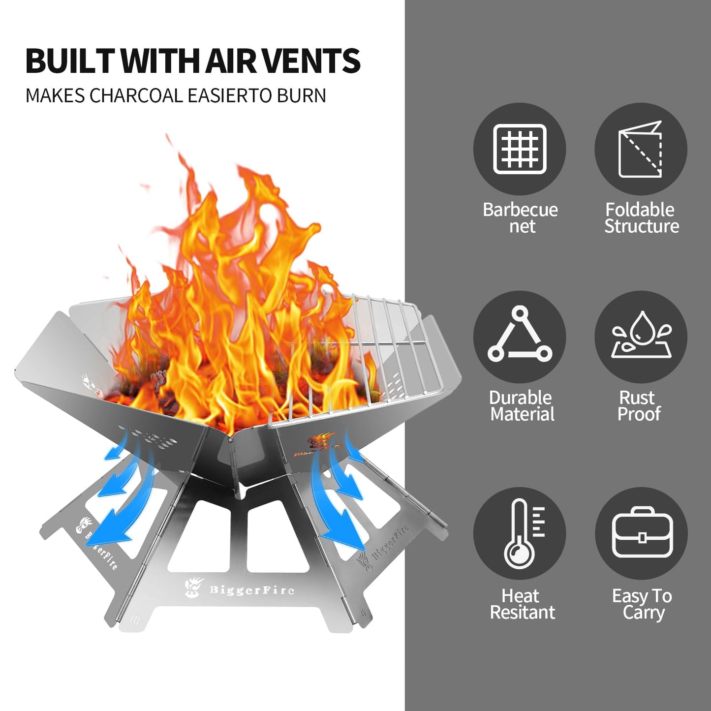 Foldable Portable Fire Pit,Stainless Steel Fire Pits with Charcoal Grill Net and Storage Bag,Camping Fire Pit Grill for Patio Outdoor Barbecue Campfire Bonfire (Medium)