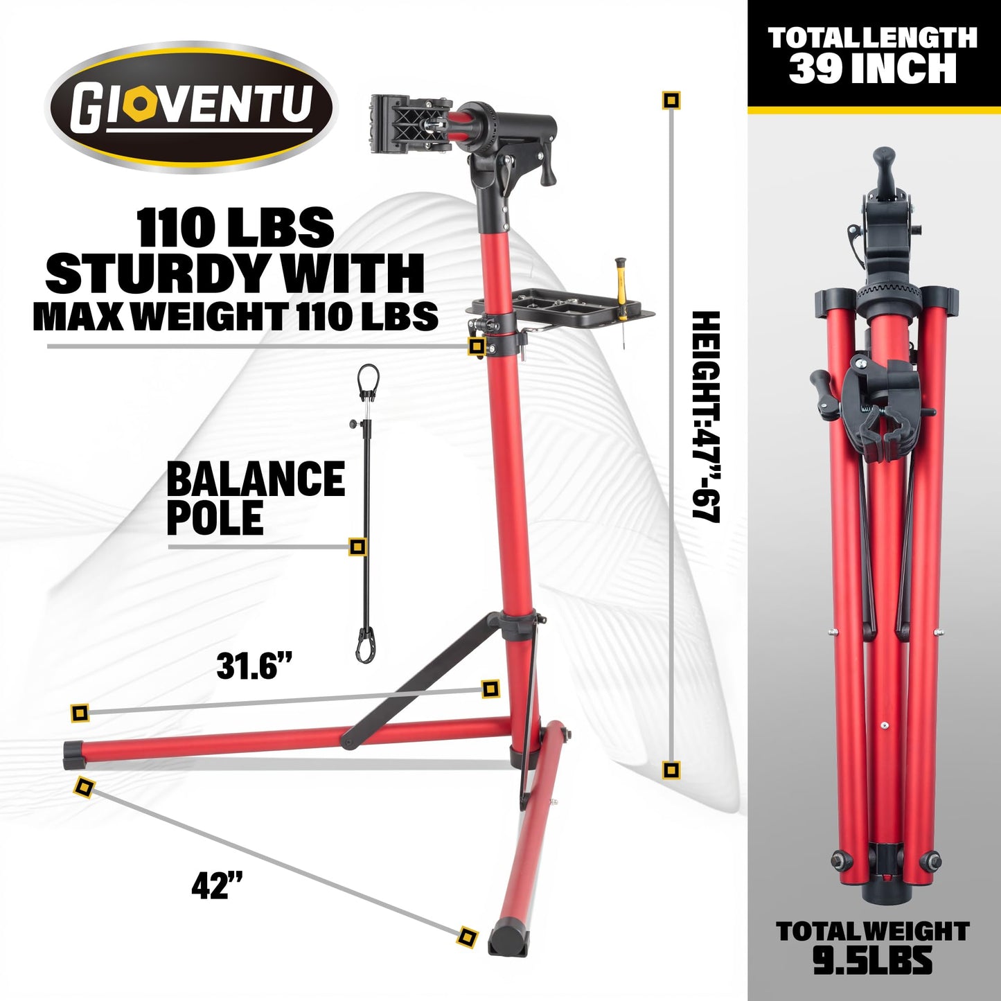 Gioventù 110 LBS E Bike Repair Stand, Heavy Duty Bicycle Maintenance Stand with High-Strength Steel, Bike Mechanic Workstand for E-bikes, Mountain Bikes and Road Bikes - Red