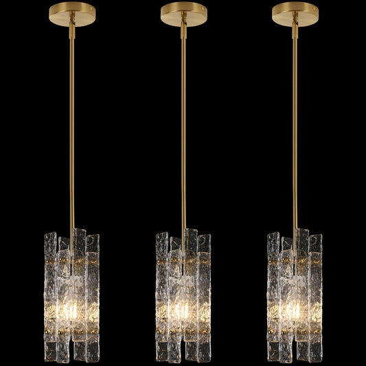 Modern Crystal Pendant Light for Kitchen Island, Gold Luxury Mini Water Ripple Glass Chandelier Lights Fixture, Modern square Adjustable Hanging Pendant Lighting for Dining Room Bedroom (3-Pack)