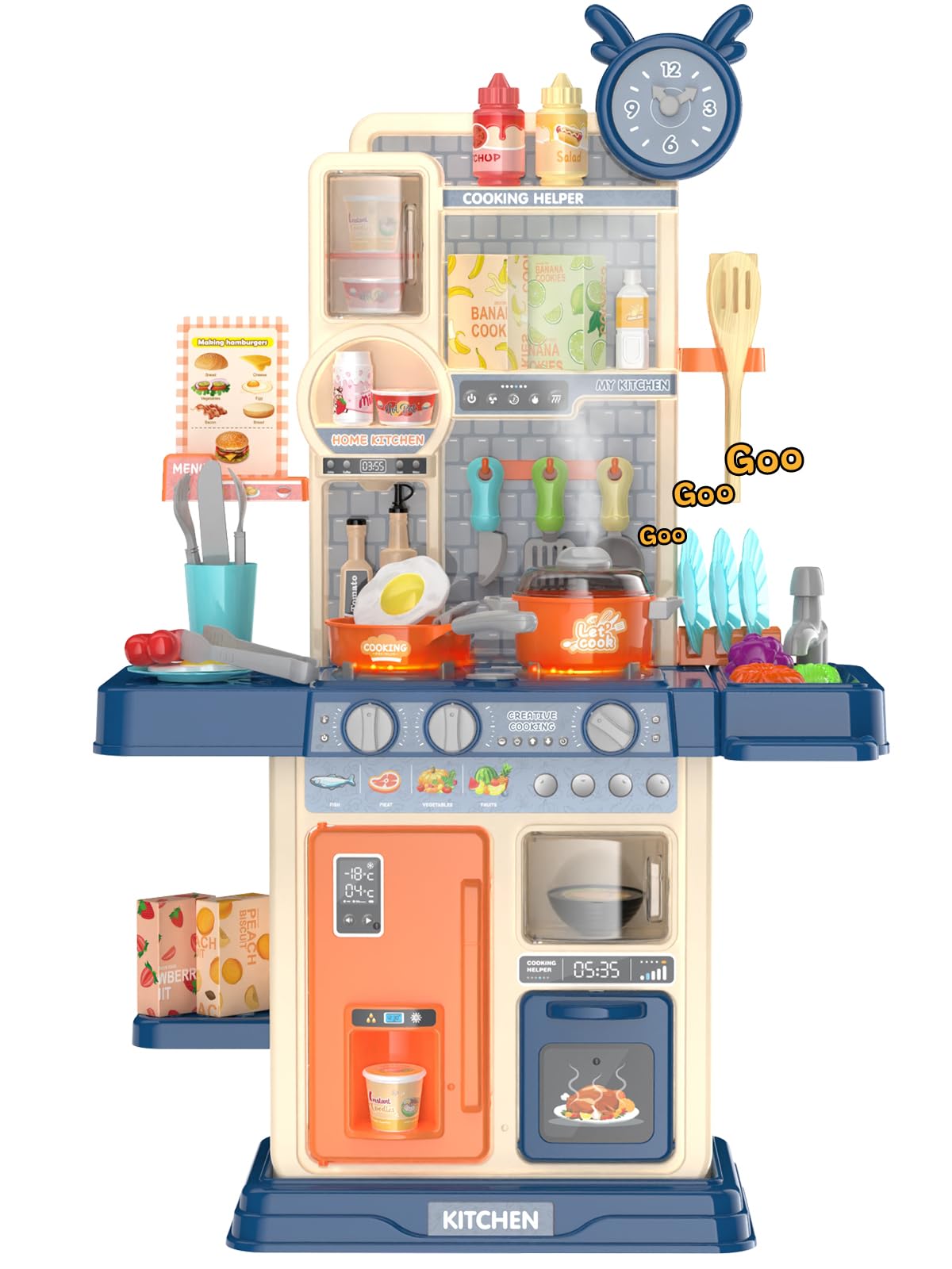 Play Kitchen for Toddlers, Kids Kitchen Playset Toddler Girl Toys with Cooking Stove Steam, Sink and Food Pretend Cooking Set Toy for 3 4 5 Year Old Kid Birthday (Blue)
