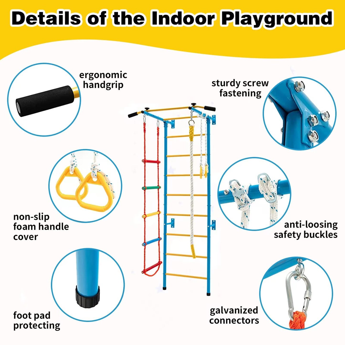 TONGMO Indoor Climbing Playground, Jungle Gym for Kids, Metal Swedish Ladder & Climbing Wall Playset, Sturdy Playground with Rope Ladder, Pull-up Bar, and Gymnastic Rings