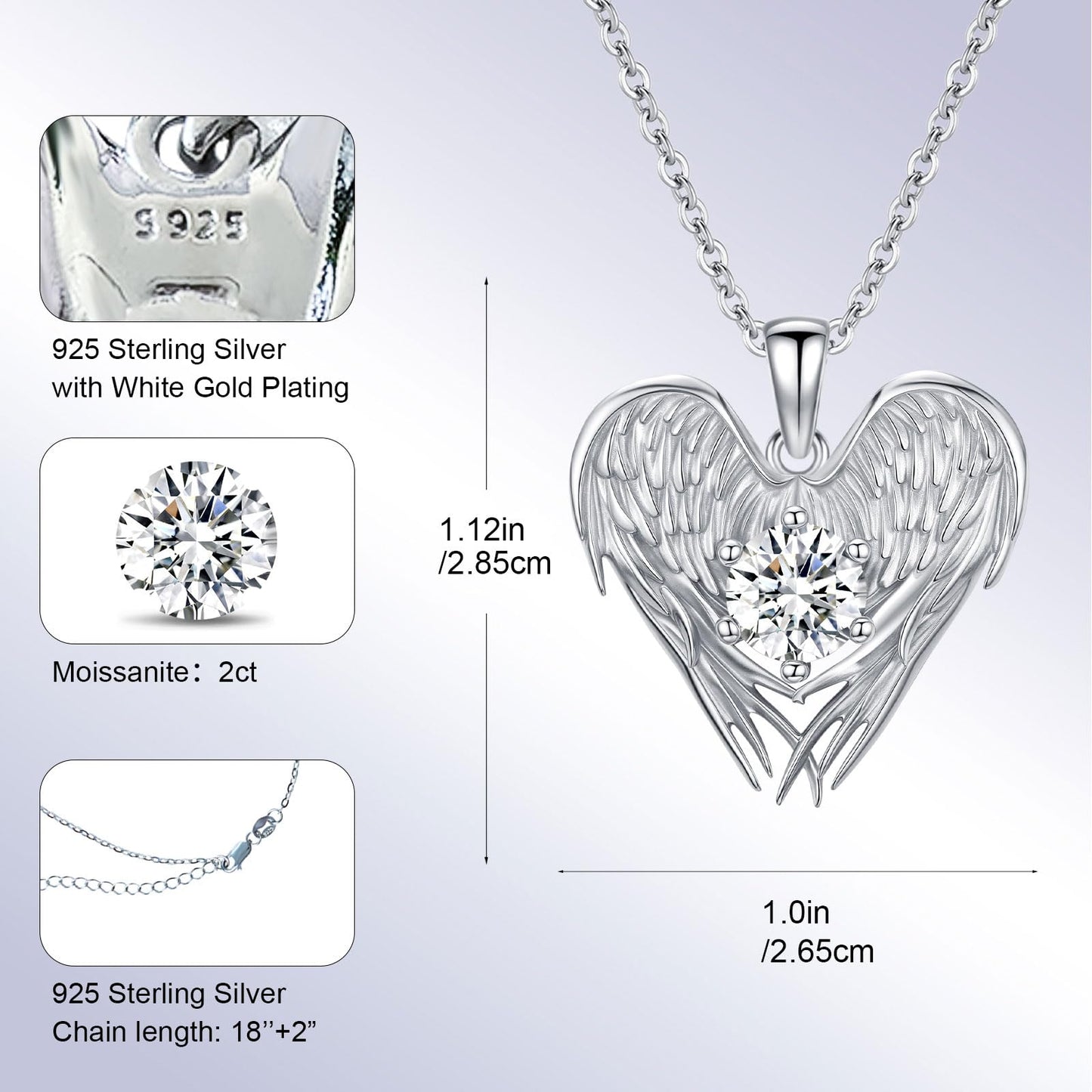 2 Carat Moissanite Necklace 925 Sterling Silver Jewelry Wings Pendant Necklace Best Gifts for Mom Women Girlfriend Grandma Friend Lover Her Wedding Birthday Anniversary Engagement Valentine's Day