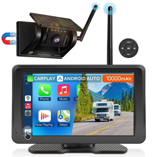 PORMIDO Wireless Backup Camera for RV: 7" Portable Touchscreen with Apple CarPlay/Android Auto - 10000mAh Solar Magnetic HD 1080P Rear View System for Large Vehicle Truck Trailer Camper Pickup Reverse