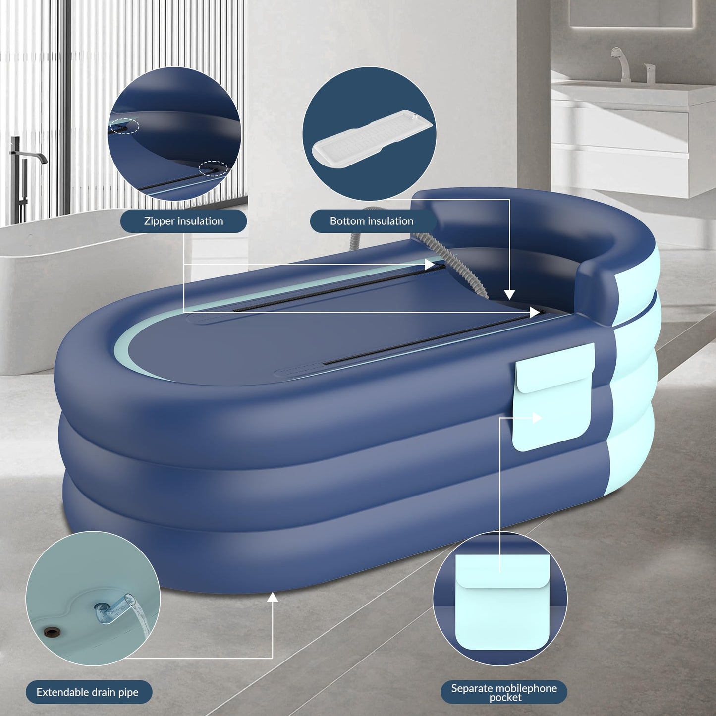 Inflatable Bathtub & Bubble Spa Mat- Portable Hot Tub for Adults, Equipped with a Bubble Math Mat for Massage, Fits Any Bathroom, Foldable Design for Renters/Apartments (65"x33"x26" 220lb)
