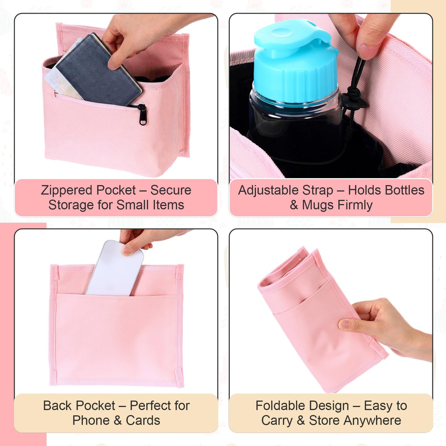 Tallew Luggage Travel Cup Holder Bag for Women, Suitcase Holds 2 Cups Hands-free Drink Organizer Attachment for Luggage, TravelGift for Female Travelers Flight Attendants(Pink)