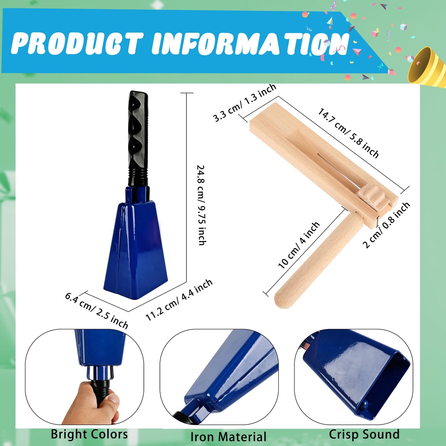 6 Pcs 9 Inch Cowbell Noise Makers Set 4 Wooden Spinning Rattle Ratchet Mexican Matraca 2 Steel Cowbell with Handle for Sporting Events Football Game Musical Percussion Instrument (Color Style 2)