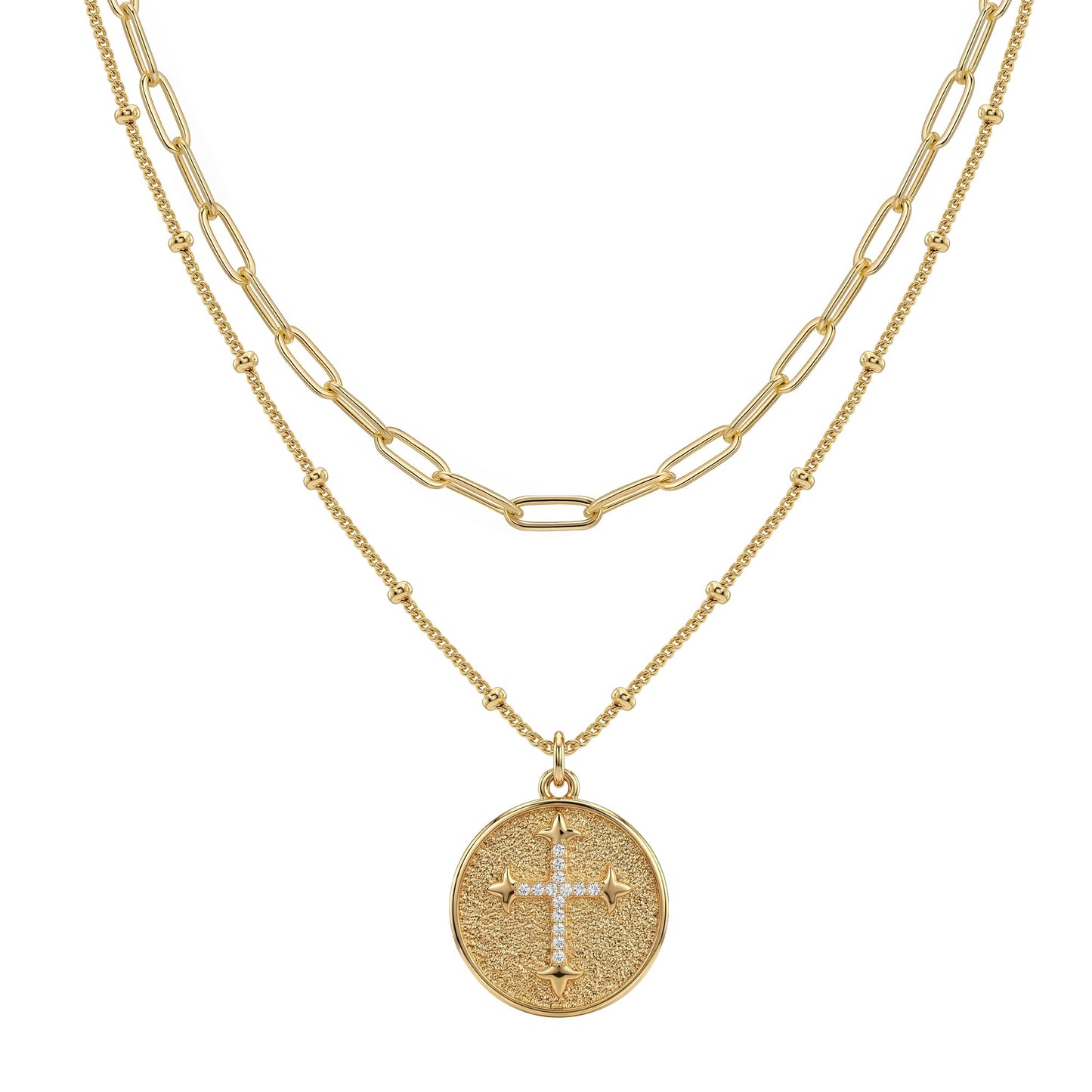 MEVECCO Gold Layered Choker Necklace for Women, 18K Gold Plated Dainty CZ Cross Coin Pendant Minimalist Paperclip Double Layer Necklace for Jewelry