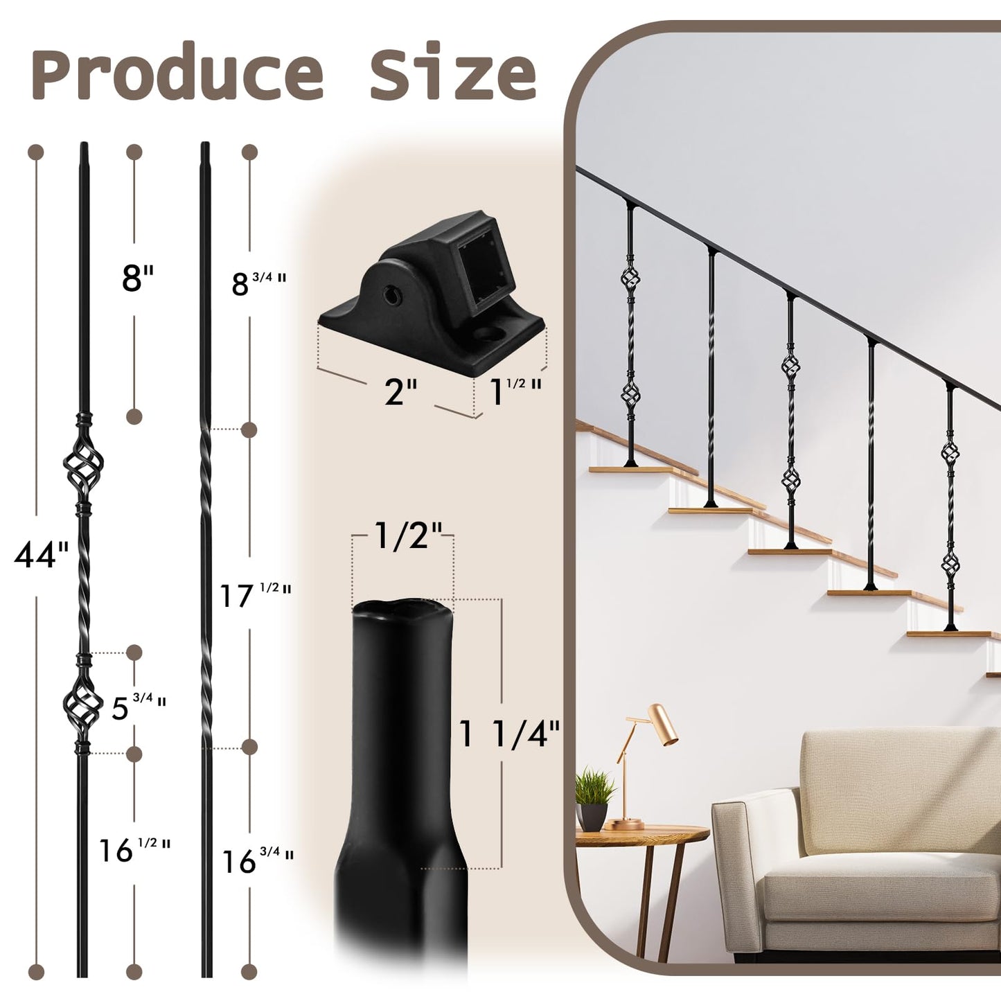 30 Pack Wrought Iron Balusters for Staircase Interior, 1/2" x 44" Hollow Deck Spindles Stair Railing Indoor with 60 Fixed Swivel Shoes, Metal Double Basket Decorative Stair - Matte Black