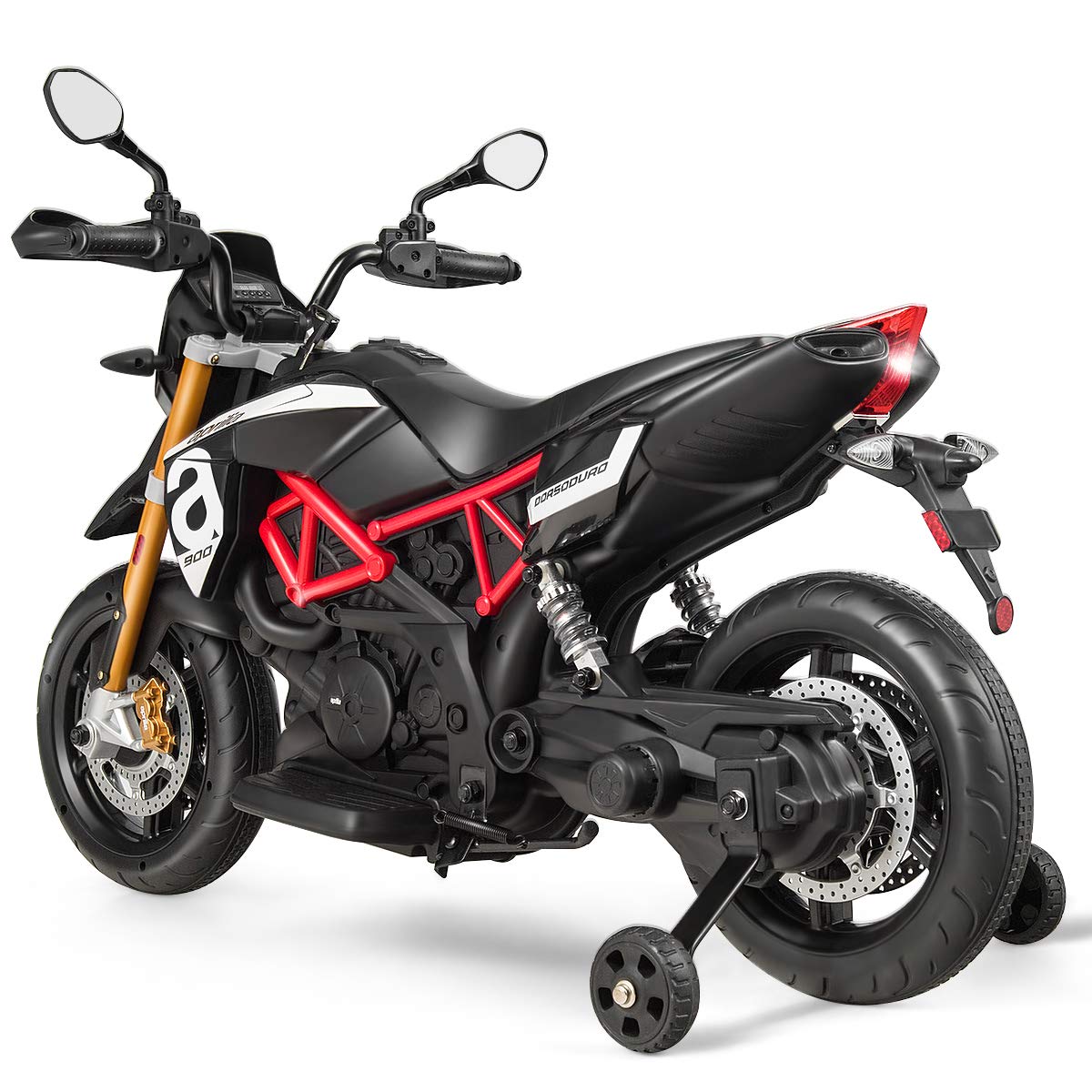HONEY JOY Kids Motorcycle, 12V Aprilia Licensed Battery Powered Ride on Motorcycle w/Training Wheels, Headlight & Music, Foot Pedal, Spring Suspension, Electric Motorcycle for Boys Girls 2-8 (Black)