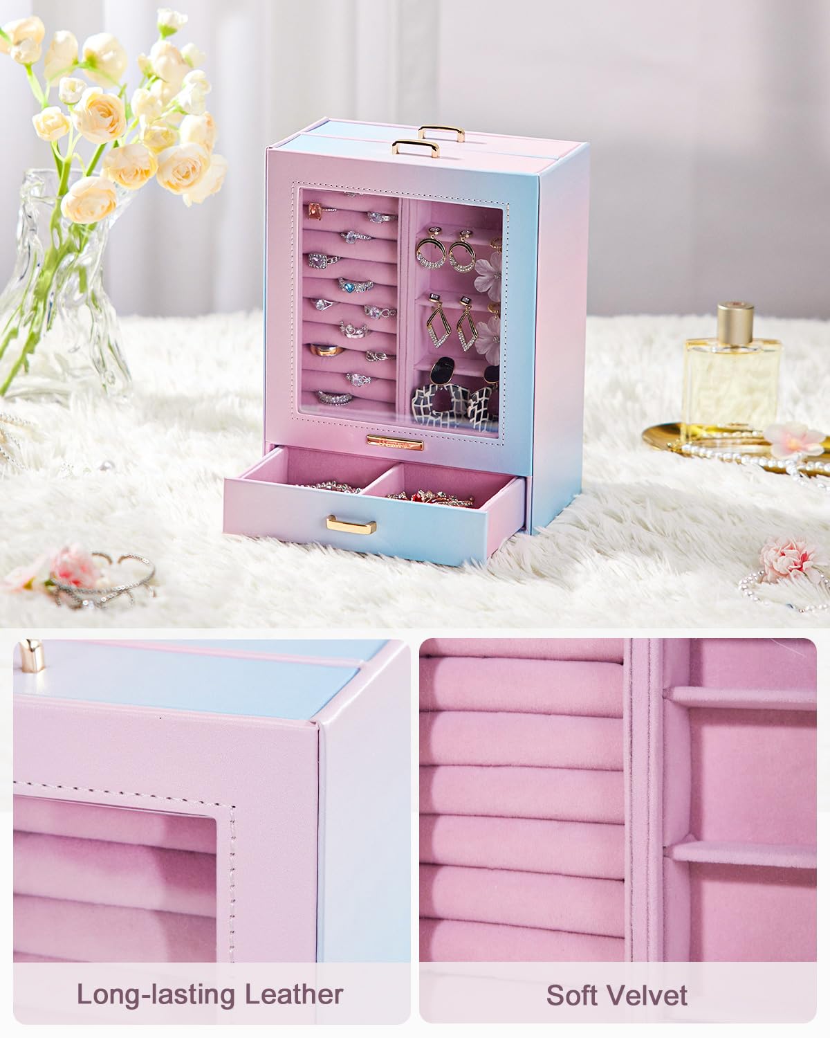 Homde Jewelry Organizer Girls Women Jewelry Box for Necklaces Rings Earrings Gift Bracelets Storage Case (Blue - Pink Gradient + Gold)