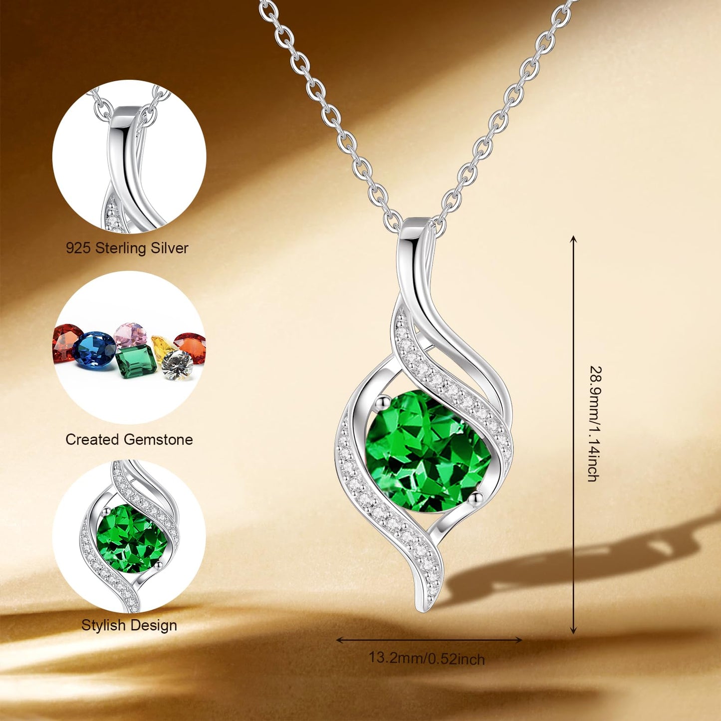 FANCIME May Birthstone Necklace for Women Round Emerald Necklace S925 Sterling Silver full Love Birthday Gifts for Mom Women, 16"+2" Inches